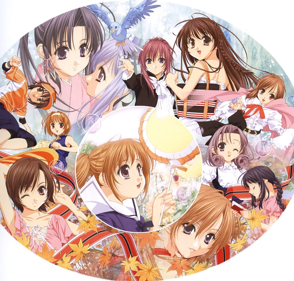 tenhiro naoto, aria (sister princess), chikage (sister princess), haruka (sister princess), hinako (sister princess), kaho (sister princess), karen (sister princess), mamoru (sister princess), marie (sister princess), rinrin (sister princess), sakuya (sister princess), shirayuki (sister princess), yotsuba (sister princess), sister princess, light purple hair, 00s, 6+girls, arm behind head, back, bag, balloon, bird, book, bow, braid, brown hair, bubble, cheerleader, closed eyes, elbow pads, expressionless, frills, hair ornament, hairband, holding, holding book, japanese clothes, kimono, knee pads, leaf, long hair, long sleeves, looking at another, looking at viewer, looking back, maple leaf, multiple girls, neck ribbon, one eye closed, outstretched arm, parted lips, pom pom (cheerleading), ponytail, puffy sleeves, red hair, ribbon, sailor collar, shirt, short hair, short sleeves, shorts, sidelocks, single braid, smile, t-shirt, twintails, very long hair, wink