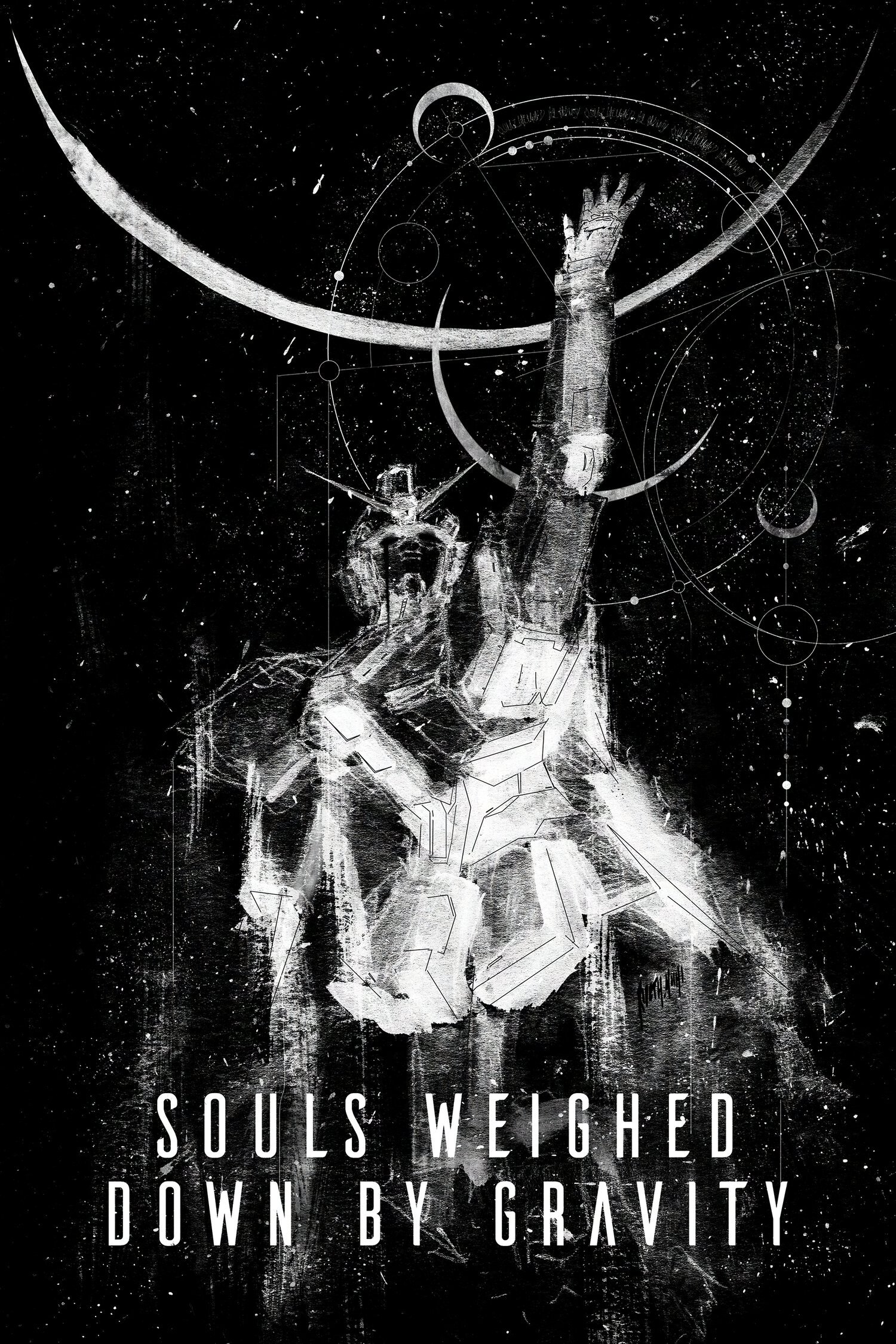 rideth mochi, rx-78-2 gundam, gundam, mobile suit gundam, highres, arm up, black background, english text, mecha, mecha focus, mobile suit, monochrome, reaching, robot, science fiction