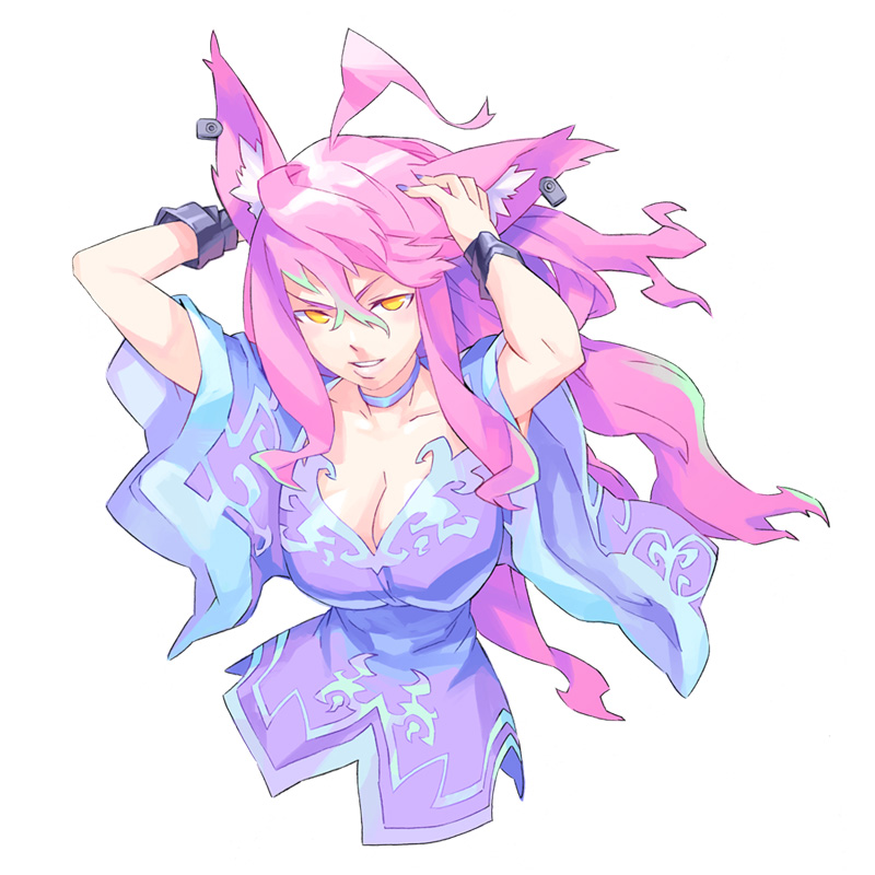 nakatomi ryo, nakatomi ryou, animal ears, breasts, cleavage, large breasts, long hair, pink hair, solo