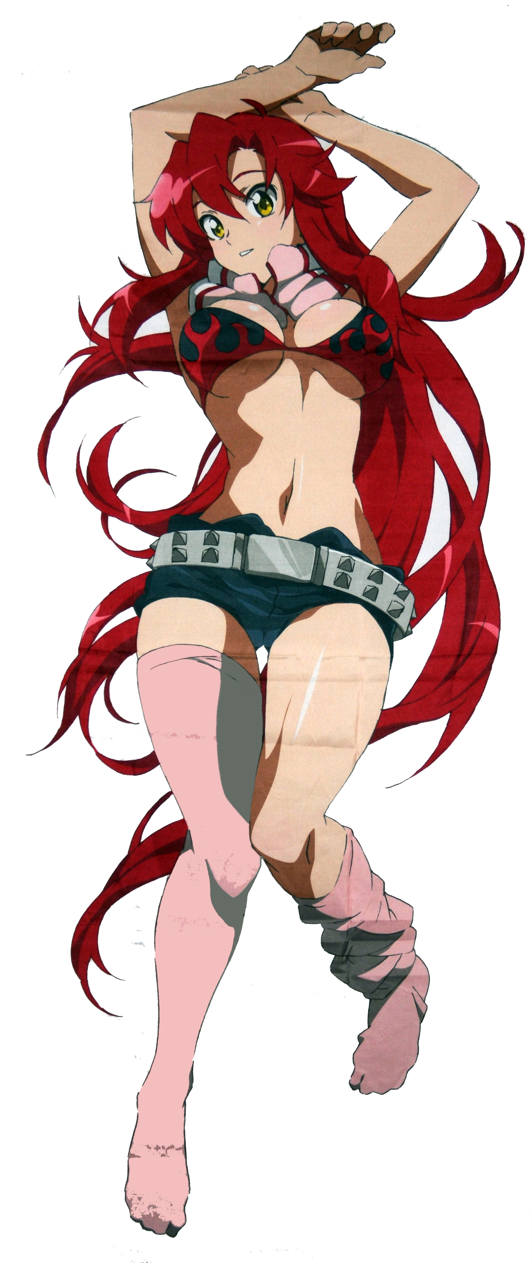 yoko littner, tengen toppa gurren lagann, absurdres, highres, 00s, 1girl, arms up, belt, bikini, bikini top only, breasts, cleavage, female focus, long hair, lying, midriff, pink thighhighs, red hair, scarf, short shorts, shorts, solo, studded belt, swimsuit, thighhighs, underboob, very long hair, yellow eyes
