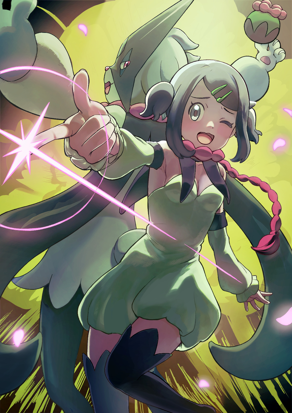 kurineme, liko (pokemon), meowscarada, nintendo, pokemon, pokemon (anime), pokemon horizons, commentary request, highres, 1girl, alternate costume, black hair, black thighhighs, breasts, cleavage, detached sleeves, dress, falling petals, green dress, green eyes, hair ornament, hairclip, medium hair, one eye closed, open mouth, petals, pink scarf, pokemon (creature), scarf, strapless, strapless dress, swept bangs, thighhighs, tongue