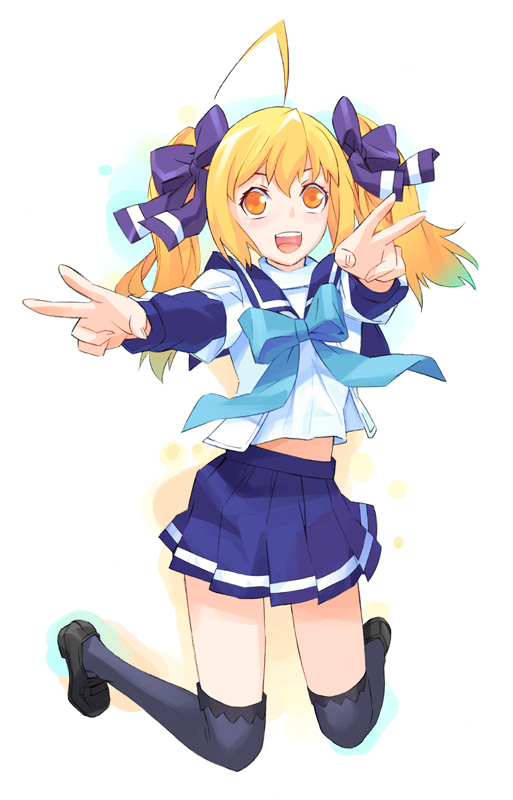 nakatomi ryo, nakatomi ryou, ahoge, blonde hair, long hair, ribbon, school uniform, serafuku, solo, thighhighs, twintails, v