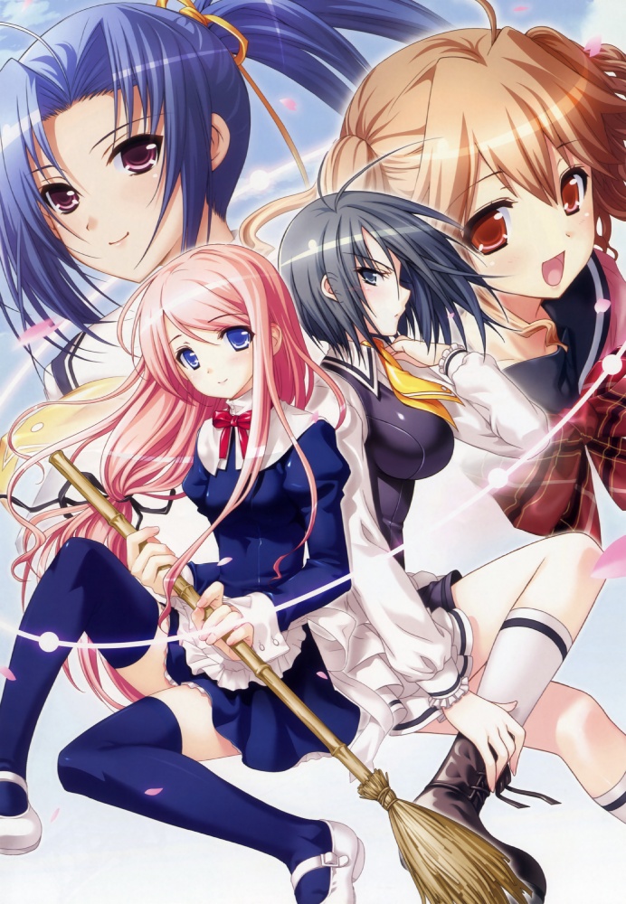 higa yukari, kasukabe akira, kiya shii, kirishima sakura, nitta akira, sakura nanako, tachibana kurumi, sakura sakura, blue legwear, white legwear, 4girls, :d, ascot, black eyes, black hair, blue eyes, blue hair, broom, brown eyes, brown hair, kneehighs, legs, long hair, looking at viewer, mary janes, multiple girls, open mouth, petals, pink hair, purple eyes, school uniform, shoes, short hair, smile, socks, thighhighs