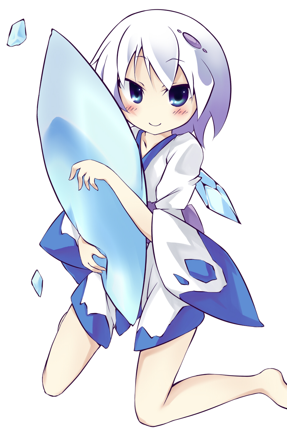 seseragi, froslass, nintendo, pokemon, bad id, bad pixiv id, highres, 1girl, barefoot, blue eyes, costume, female focus, gen 4 pokemon, ice, japanese clothes, personification, simple background, smile, solo, white background, white hair