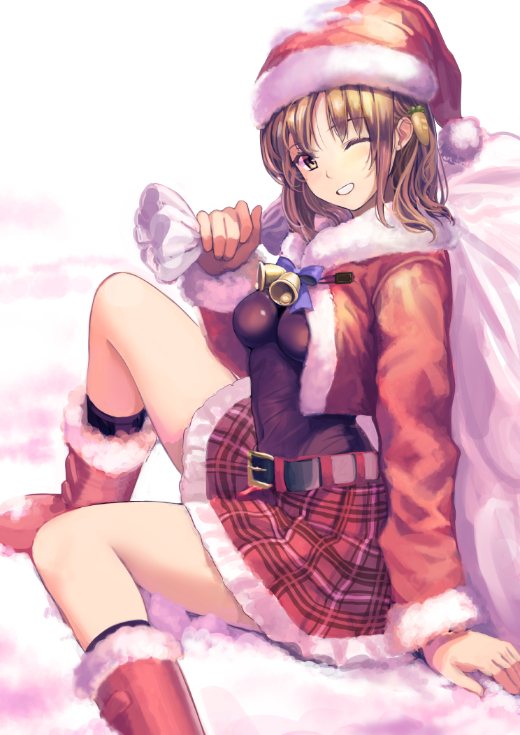 yoropa, original, revision, 1girl, ;), bell, boots, breasts, brown hair, capelet, fur-trimmed boots, fur trim, gloves, grin, hat, long sleeves, looking at viewer, medium breasts, one eye closed, purple eyes, red boots, red gloves, sack, santa costume, santa hat, short hair, smile, solo