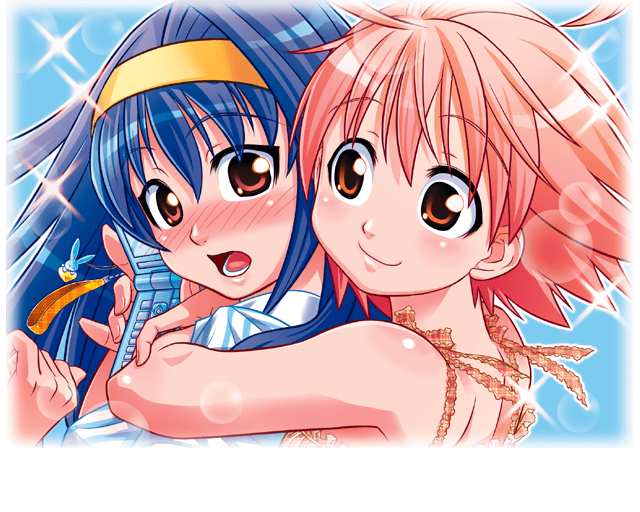 mizuki gyokuran, aino heart, tsuzura saki, aq interactive, arcana heart, atlus, examu, plaid, official art, 2girls, :o, ahoge, back, blue hair, blush, cellphone, charm (object), close-up, flat chest, hairband, hug, hug from behind, lens flare, long hair, looking back, multiple girls, open mouth, orange eyes, phone, pink hair, rabbit, red eyes, shirt, short hair, smile, sparkle, striped clothes, striped shirt, surprised