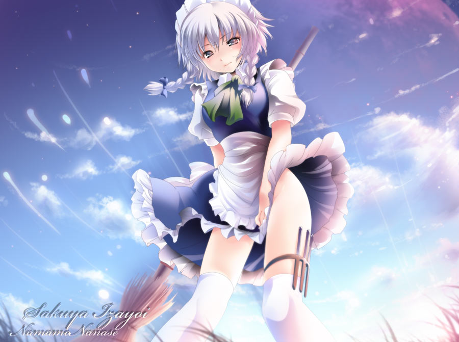 namamo nanase, izayoi sakuya, touhou, silver hair, 1girl, blush, braid, broom, cloud, day, female focus, maid, maid headdress, nature, no panties, outdoors, plant, sky, solo, thighhighs, wind, wind lift