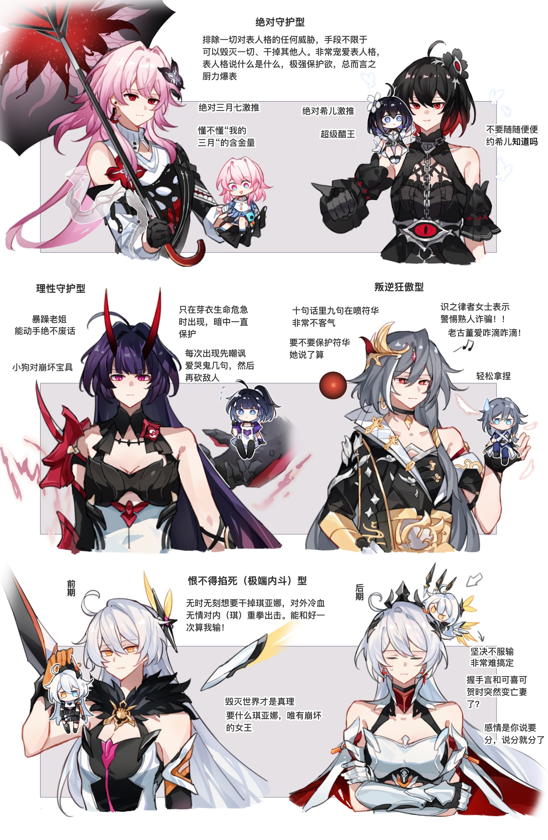 shiying no yao, evernight (honkai: star rail), fu hua, herrscher of sentience, kiana kaslana, kiana kaslana (herrscher of flamescion), kiana kaslana (herrscher of the void), kiana kaslana (void drifter), march 7th (honkai: star rail), march 7th (preservation) (honkai: star rail), raiden mei, raiden mei (herrscher of thunder), seele vollerei, seele vollerei (stygian nymph), honkai: star rail, honkai (series), honkai impact 3rd, absurdres, chinese commentary, commentary request, highres, translation request, 6+girls, ahoge, armor, armored dress, black dress, black hair, blue hair, breasts, chibi, chibi on shoulder, chinese text, cleavage, crossed arms, dress, dual persona, hair ornament, holding chibi, horns, large breasts, long hair, multicolored hair, multiple girls, pink hair, purple eyes, purple hair, red eyes, red hair, red horns, short hair, two-tone hair, very long hair, white dress
