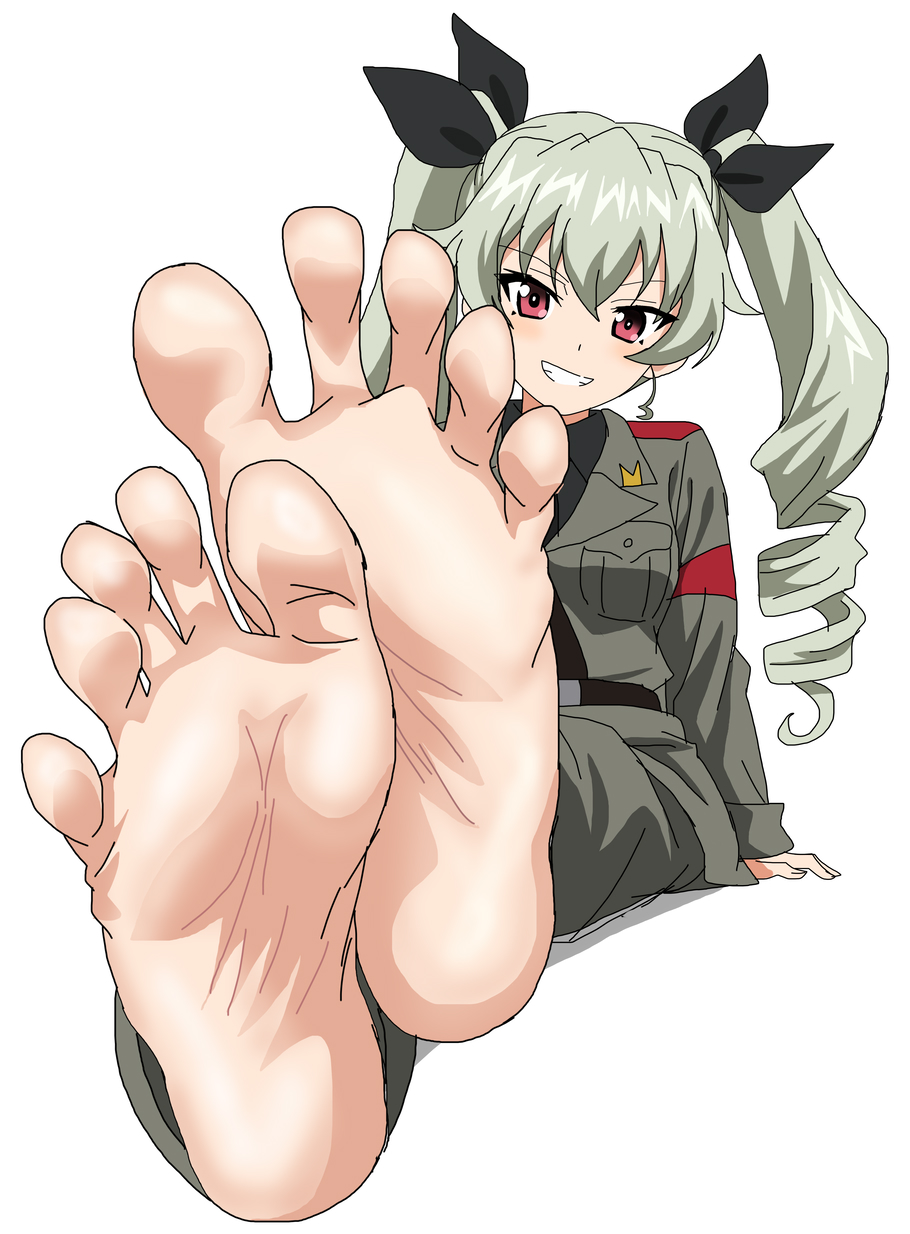 riokasen, anchovy (girls und panzer), girls und panzer, highres, 1girl, anzio military uniform, armband, barefoot, belt, black necktie, black ribbon, black shirt, drill hair, foot focus, full body, green hair, green jacket, grin, hair between eyes, hair ribbon, jacket, legs together, long hair, long sleeves, looking at viewer, military uniform, necktie, on ground, pants, pants tucked in, red armband, red eyes, ribbon, shirt, simple background, sitting, smile, soles, solo, spread toes, teeth, toes, twin drills, twintails