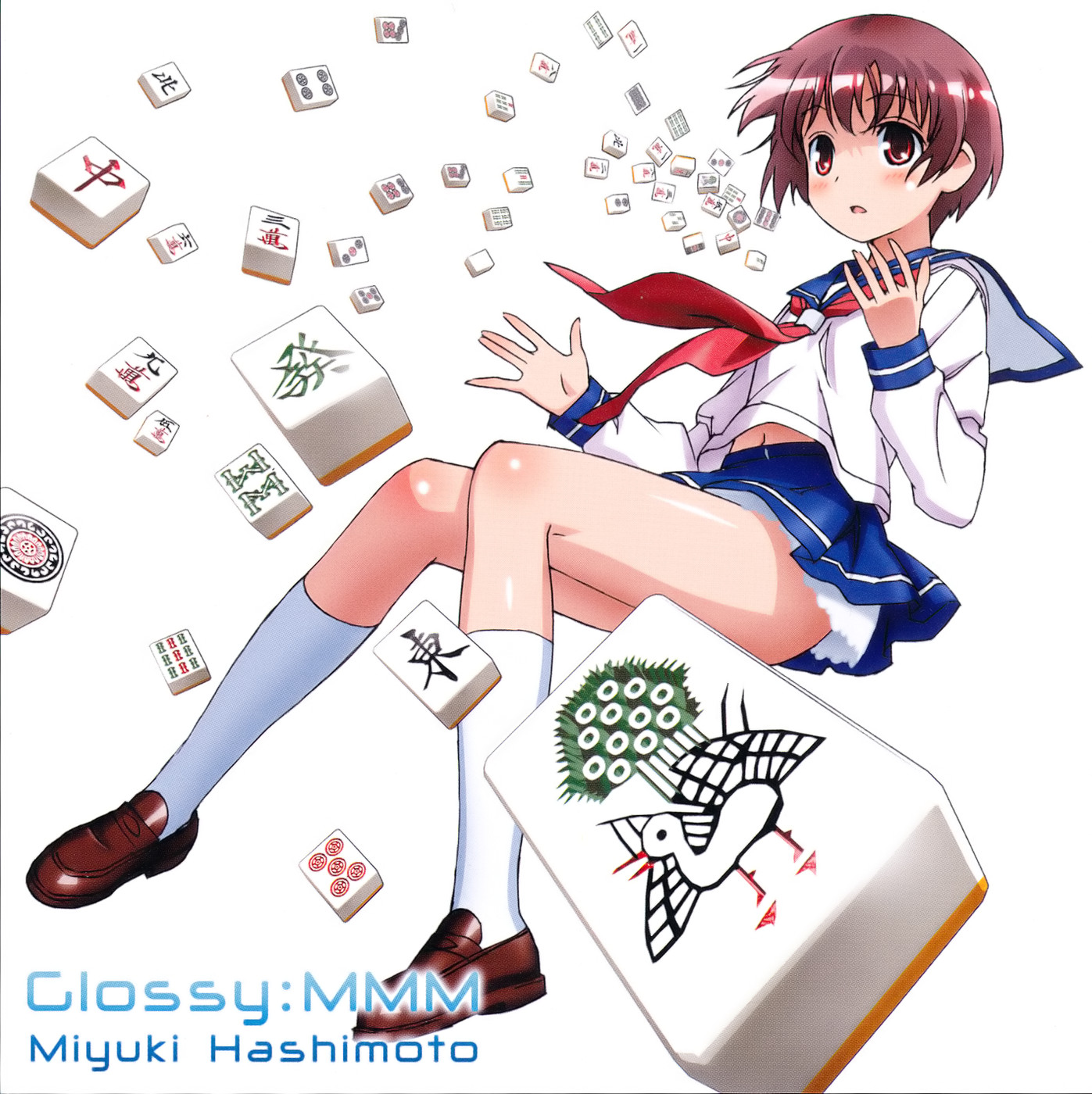 miyanaga saki, saki (manga), highres, 00s, 1girl, board game, brown hair, female focus, flat chest, kneehighs, mahjong, neckerchief, red neckerchief, school uniform, serafuku, socks, solo