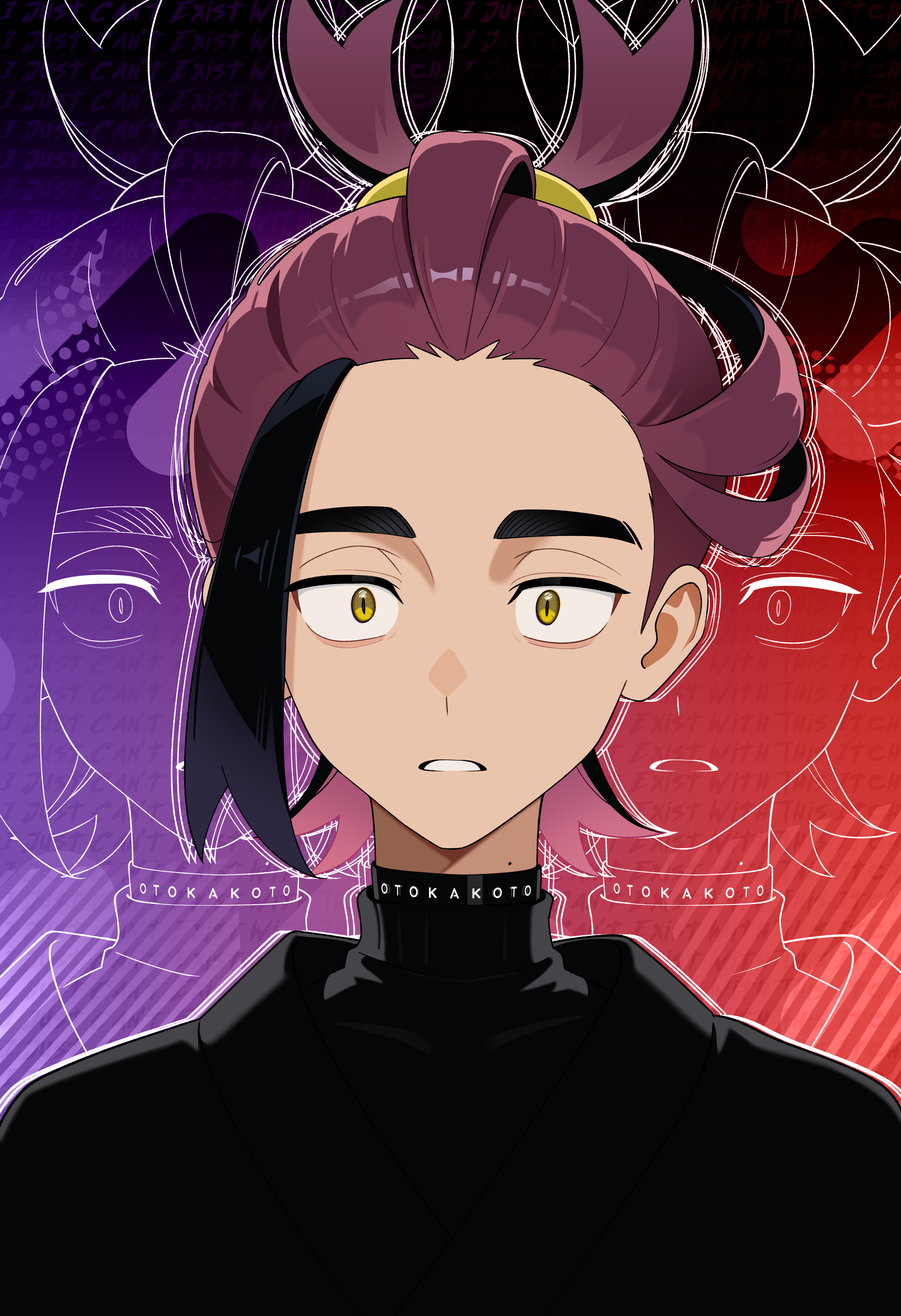otokakoto, kieran (pokemon), nintendo, pokemon, pokemon sv, absurdres, commentary, highres, 1boy, alternate costume, black jacket, black shirt, jacket, looking at viewer, loose hair strand, male focus, mole, mole on neck, purple hair, shirt, solo, split ponytail, teeth, turtleneck, turtleneck shirt, upper body, yellow eyes