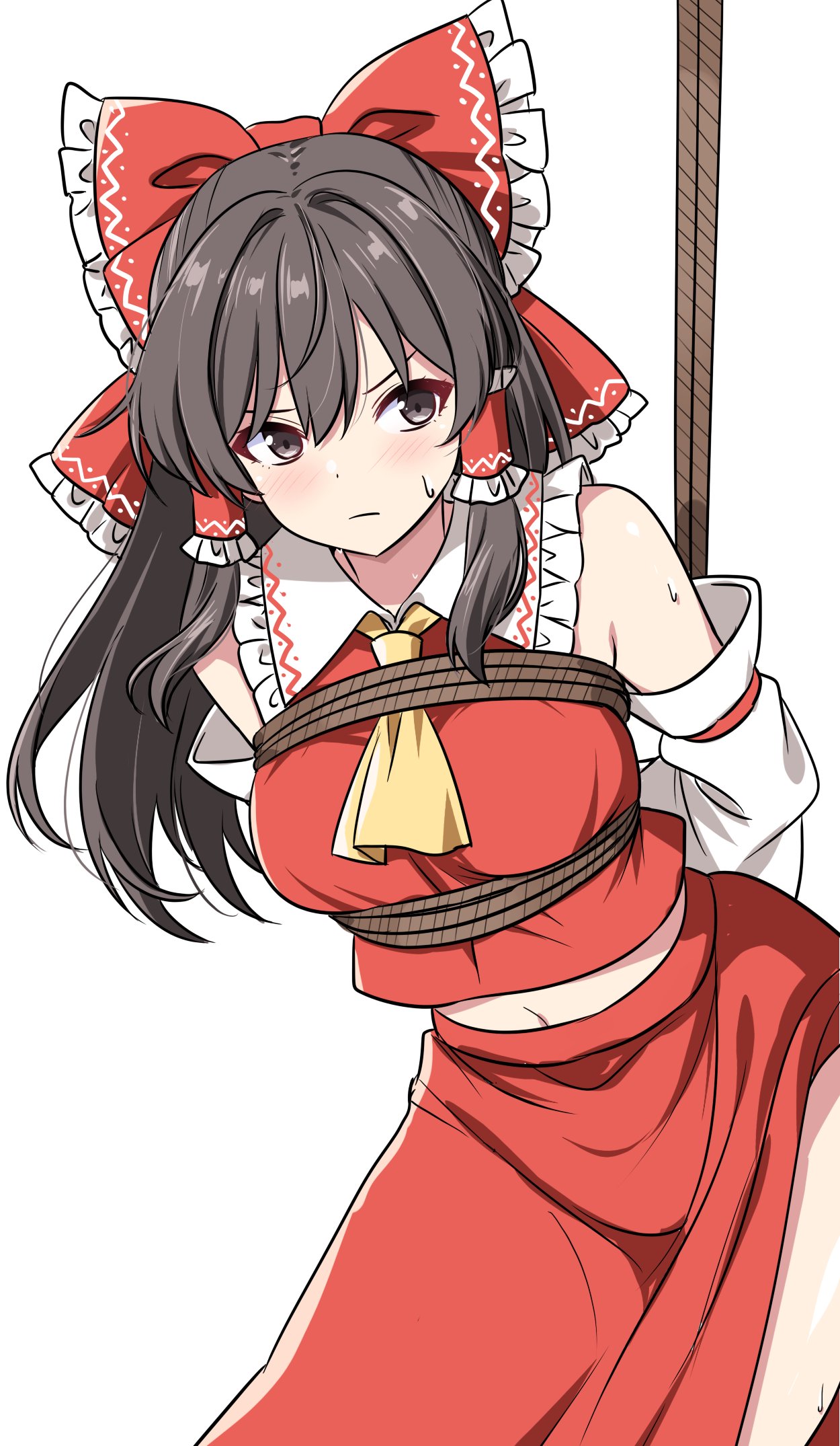 rise (rise19851203), hakurei reimu, touhou, commentary, highres, 1girl, arms behind back, ascot, bdsm, bondage, bound, bow, breasts, brown eyes, brown hair, closed mouth, detached sleeves, frilled bow, frilled hair tubes, frills, hair bow, hair tubes, long hair, looking at viewer, navel, red bow, red skirt, restrained, rope, simple background, skirt, skirt set, solo, sweat, white background, yellow ascot