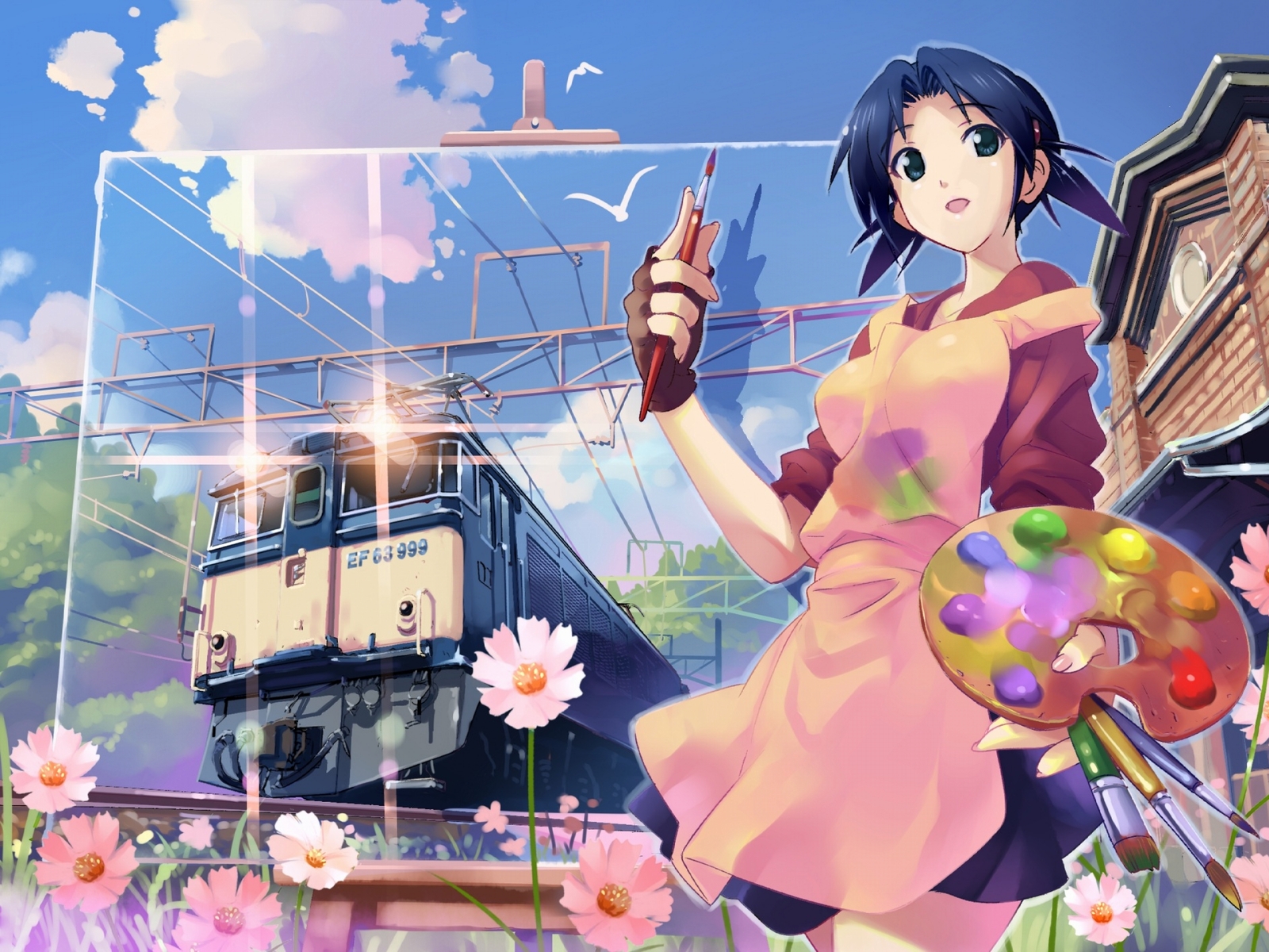 vania600, highres, 1girl, apron, art brush, bird, blue hair, building, cloud, cowboy shot, day, easel, female focus, fingerless gloves, flower, gloves, holding, nail polish, open mouth, outdoors, paint palette, paintbrush, painting (action), parted bangs, pink apron, pink nails, skirt, sky, solo, standing, train, tree