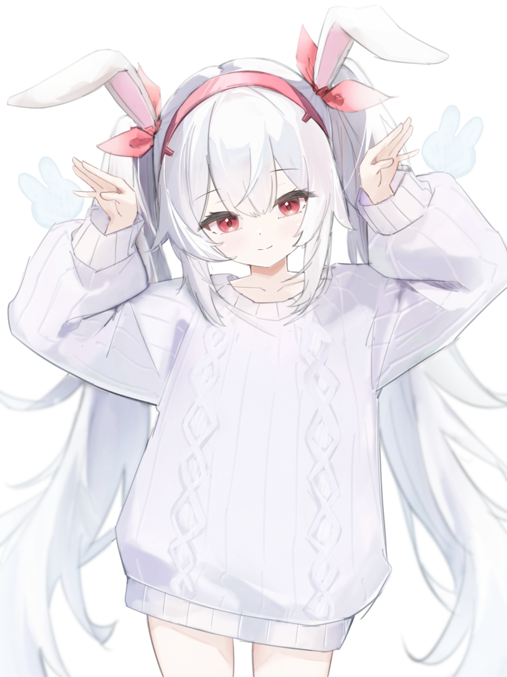phos phos, laffey (azur lane), azur lane, highres, 1girl, animal ears, aran sweater, arms up, blush, bow, cable knit, closed mouth, collarbone, cowboy shot, fake animal ears, hair between eyes, hair bow, hairband, hands up, long hair, long sleeves, looking at viewer, pink bow, pink eyes, pink hairband, puffy long sleeves, puffy sleeves, rabbit ears, rabbit pose, red eyes, red hairband, simple background, smile, solo, sweater, twintails, very long hair, white background, white hair, white sweater