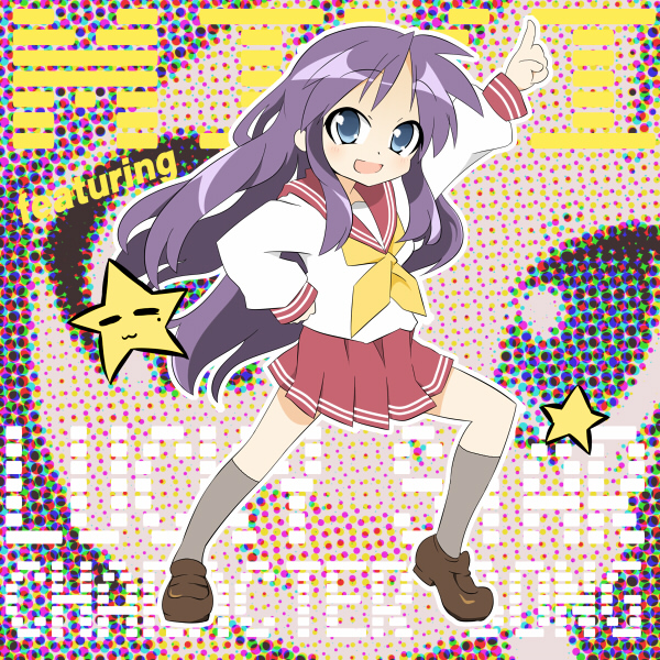 shing (sorairo factory), hiiragi miki, lucky star, 00s, 1girl, album cover, blue eyes, cover, female focus, halftone, halftone background, loafers, purple hair, school uniform, serafuku, shoes, socks, solo, star (symbol), zoom layer