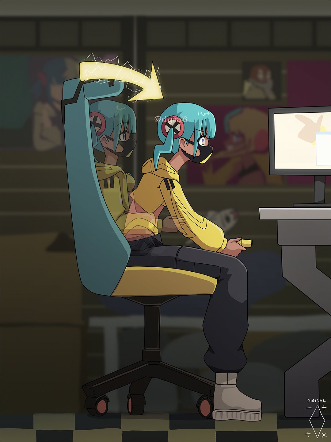 digiral, canari (pokemon), nintendo, pokemon, pokemon legends: z-a, highres, 1girl, aqua hair, arrow (symbol), artist logo, artist name, bandeau, black mask, blonde hair, breasts, chair, computer, controller, dark-skinned female, dark skin, electricity, game controller, gaming chair, holding, holding controller, holding game controller, hunched over, jacket, logo, mask, monitor, mouth mask, multicolored hair, pants, playing games, short twintails, solo, split-color hair, swivel chair, twintails, twitter username, two-tone mask, two-tone pants, yellow bandeau, yellow jacket, yellow mask