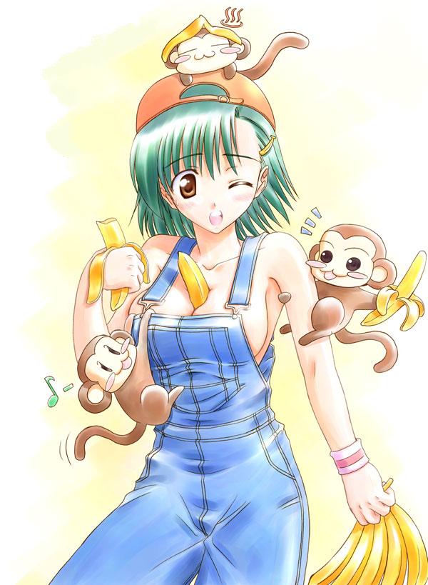 kishi nisen, 1girl, banana, between breasts, breasts, brown eyes, cleavage, female focus, food, fruit, green hair, hat, holding, holding food, holding fruit, monkey, musical note, naked overalls, no bra, one eye closed, overalls, sideboob, solo, wink