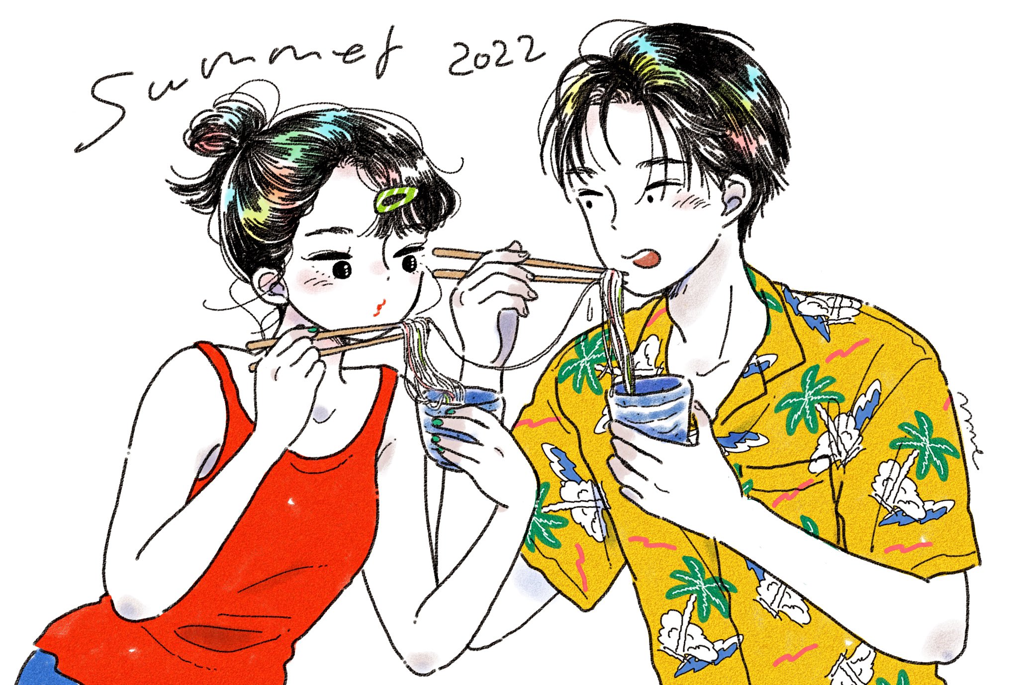 emamemamo33, original, commentary, highres, 1boy, 1girl, 2022, black eyes, black hair, blush, chopsticks, collarbone, colored skin, english text, fingernails, food, green nails, hair bun, hair ornament, hairclip, hawaiian shirt, holding, holding chopsticks, iridescent hair, looking at another, nail polish, noodles, red lips, shirt, short hair, simple background, skinny dipping, soba, tank top, white background, white skin, yellow shirt