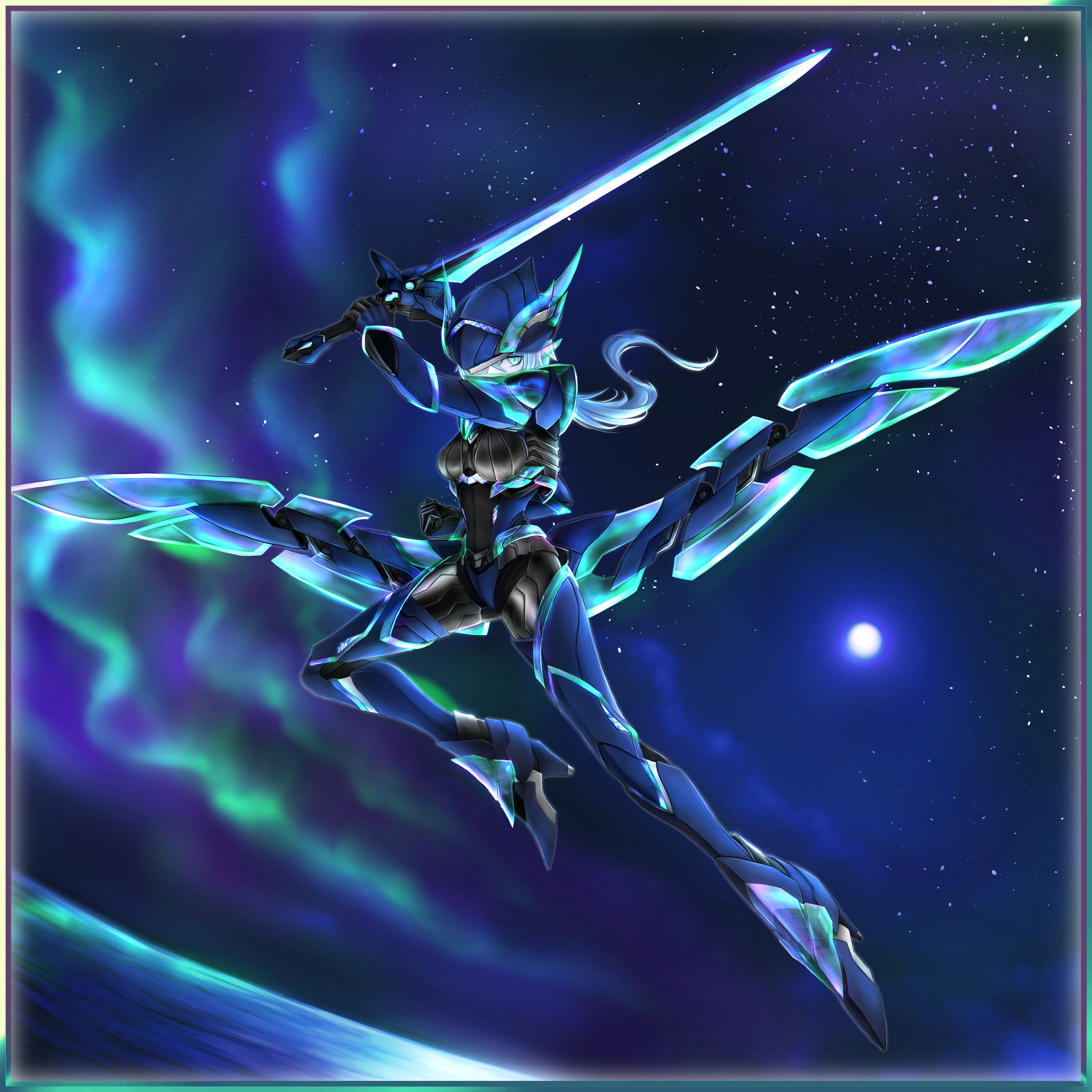 me ganchyo, original, absurdres, highres, 1girl, aurora, blue eyes, blue hair, colored skin, fantasy, full body, helmet, holding, holding sword, holding weapon, joints, long hair, looking at viewer, low wings, mechanical wings, robot girl, robot joints, solo, sword, valkyrie, weapon, white skin, wings