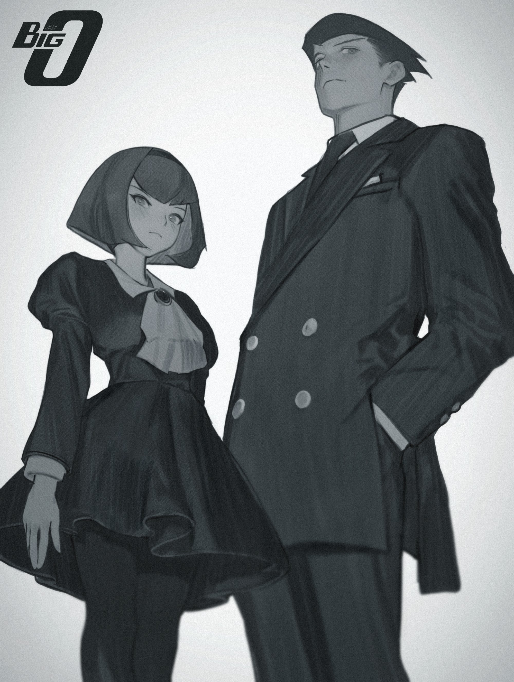 nagamerin, r dorothy wayneright, roger smith, the big o, absurdres, highres, 1boy, 1girl, android, ascot, bob cut, brooch, collared shirt, copyright logo, copyright name, expressionless, feet out of frame, formal clothes, frilled ascot, frills, from below, full body, hairband, hands in pockets, jacket, jewelry, juliet sleeves, logo, long sleeves, looking at viewer, looking down, necktie, pants, pantyhose, puffy sleeves, shirt, short hair, standing, suit, suit jacket