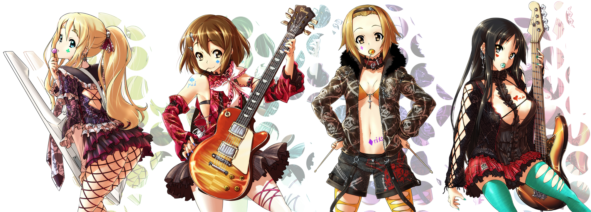 nekomamire, akiyama mio, hirasawa yui, kotobuki tsumugi, tainaka ritsu, k-on!, highres, long image, wide image, 00s, 4girls, ass, bare shoulders, bass guitar, black hair, blonde hair, breasts, brown hair, candy, card, cleavage, clubs, collar, diamond (shape), drumsticks, fashion, fishnet pantyhose, fishnets, food, green nails, guitar, hands on own hips, heart, ho-kago tea time, instrument, keytar, lollipop, long hair, looking back, mouth hold, multiple girls, nail polish, navel, pantyhose, playing card, purple nails, short hair, shorts, skirt, spade, thighhighs, tomboy