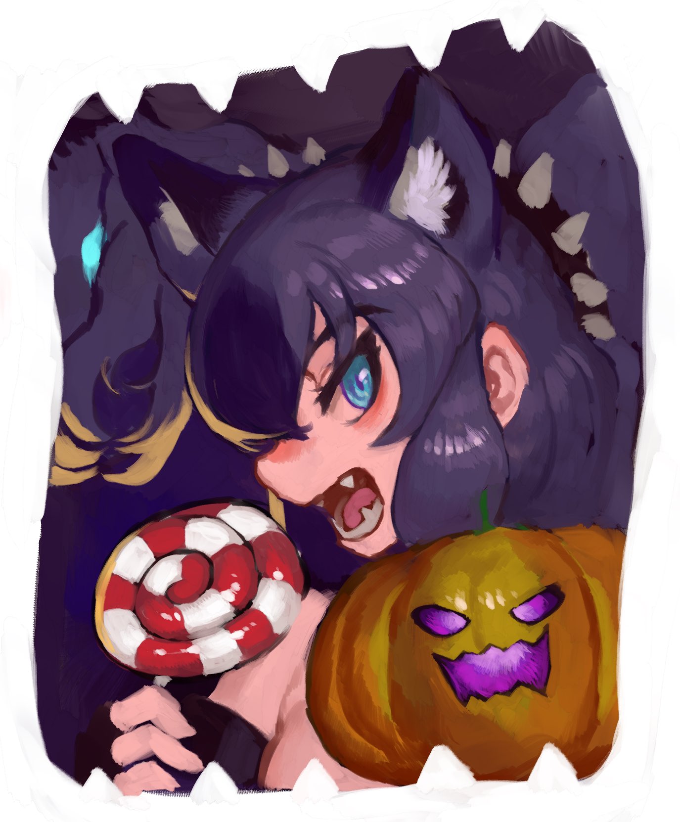 handsdsds, cerberus (kemono friends), kemono friends, highres, 1girl, animal ear fluff, animal ears, bare shoulders, black gloves, black hair, blue eyes, blush, candy, dog ears, dog girl, elbow gloves, extra ears, fangs, fingerless gloves, food, gloves, hair between eyes, hairband, halloween, jack-o'-lantern, lollipop, looking at viewer, multicolored hair, open mouth, purple hair, short hair, sidelocks, solo, spiked hairband, spikes, strapless, tube top