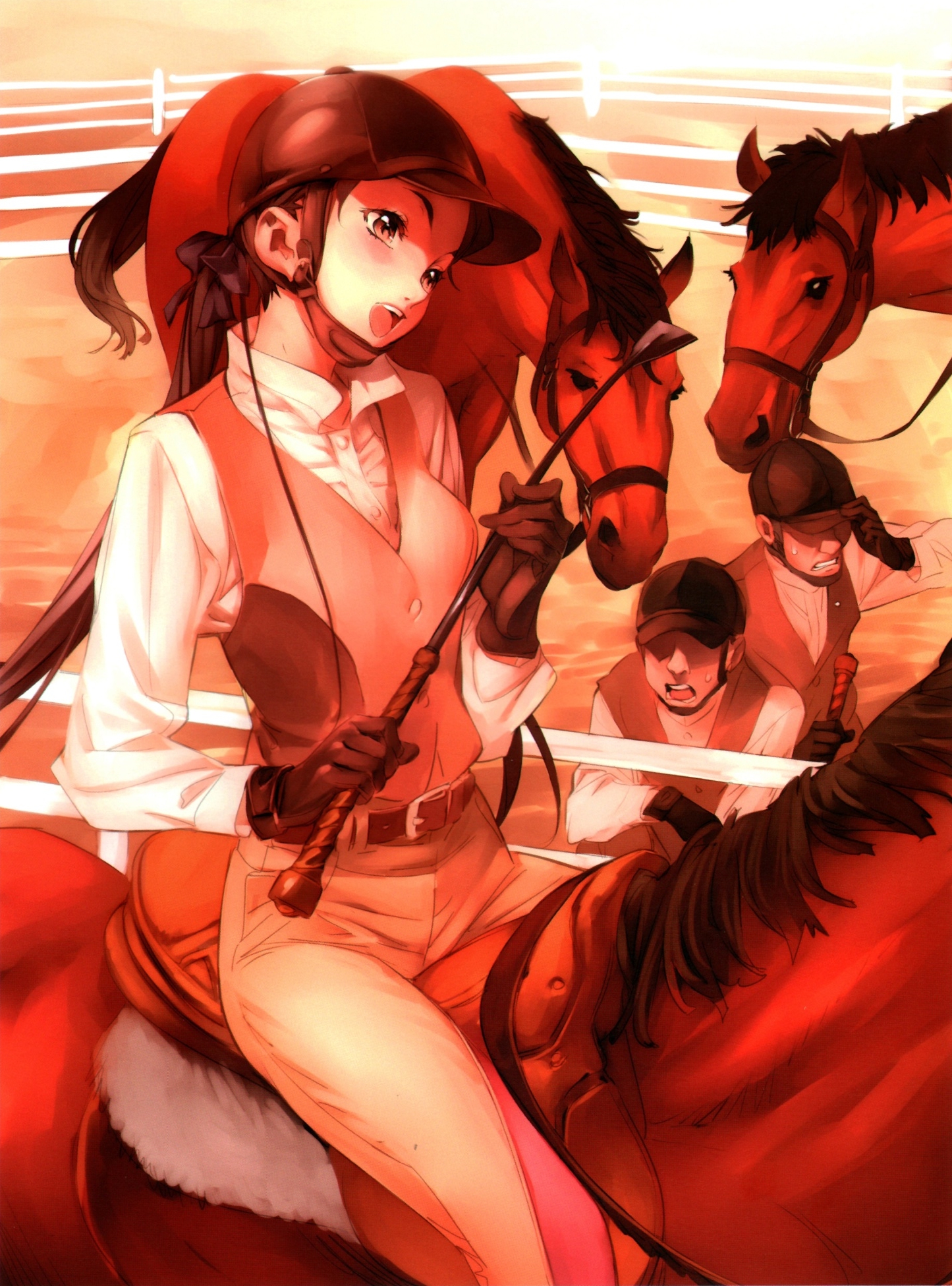 nishieda, original, highres, 1girl, animal, belt, brown eyes, brown hair, dress shirt, female focus, gloves, hair ribbon, hat, horse, horseback riding, pants, ponytail, ribbon, riding, riding crop, shirt, smile, solo, vest