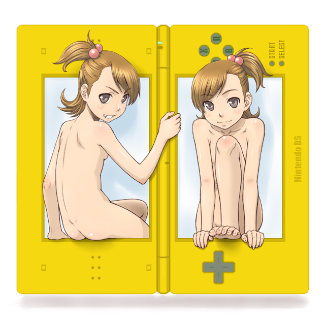 minazuki tsuyuha, futami ami, futami mami, idolmaster, idolmaster (classic), nintendo, 00s, 2girls, ass, barefoot, brown hair, butt crack, dimples of venus, feet, flipped hair, grin, hair bobbles, hair ornament, handheld game console, loli, mini person, minigirl, multiple girls, nintendo ds, nude, short hair, siblings, side ponytail, sisters, smile, through medium, through screen, toes, twins