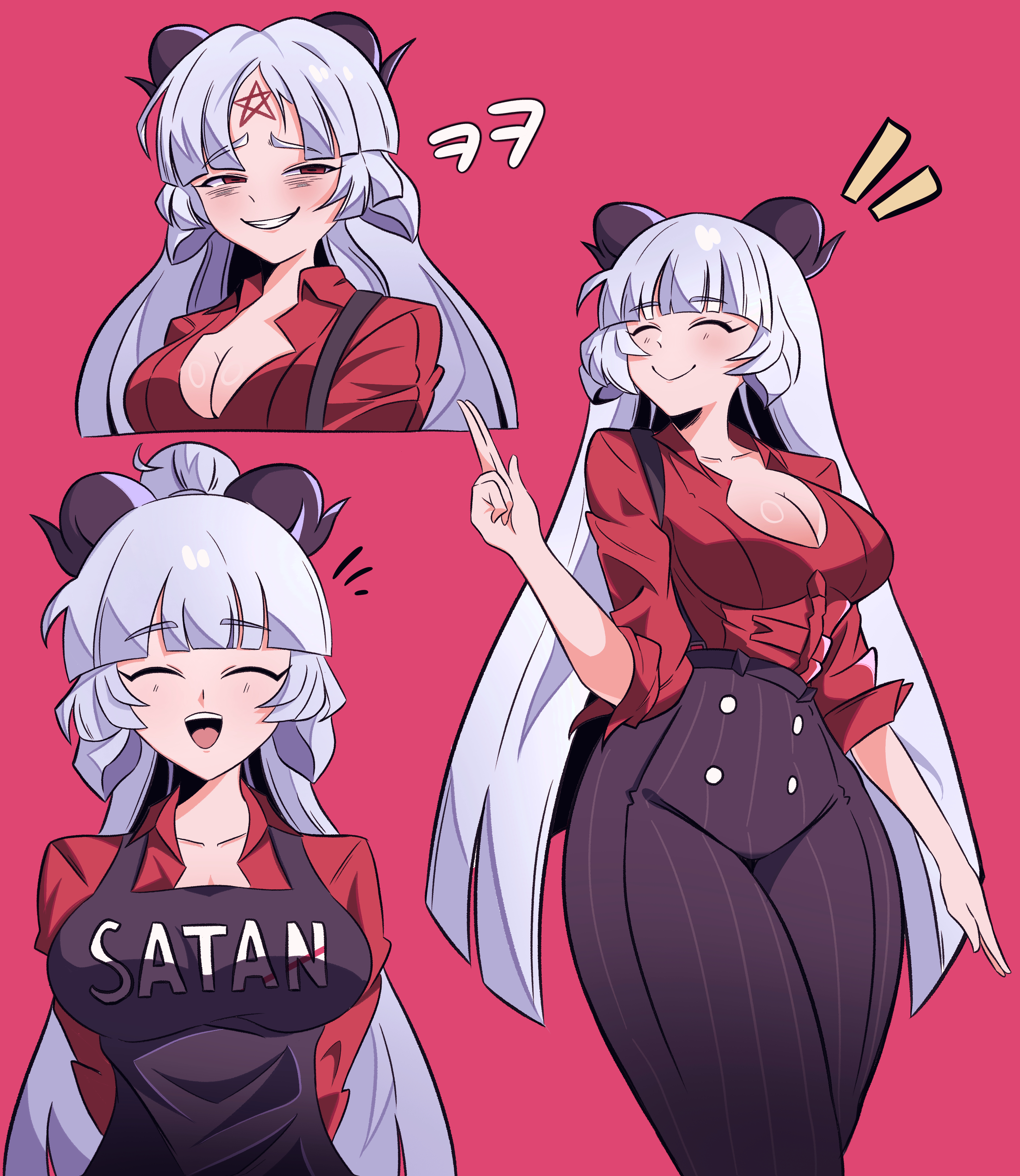 baphomet (grizz), helltaker, absurdres, highres, 1girl, animal ears, apron, black apron, black horns, black tailcoat, breasts, cleavage, collared shirt, demon girl, demon horns, english text, goat girl, goat horns, horizontal pupils, horns, inverted pentagram, large breasts, long hair, pants, red eyes, red shirt, shirt, smile, thisandthat2328, white hair