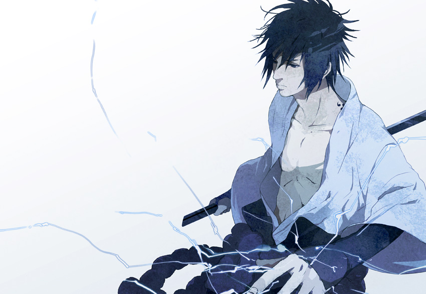 sumishuu, uchiha sasuke, naruto (classic), naruto (series), bad id, bad pixiv id, 1boy, black hair, lightning, male focus, open clothes, open shirt, shirt, short hair, solo
