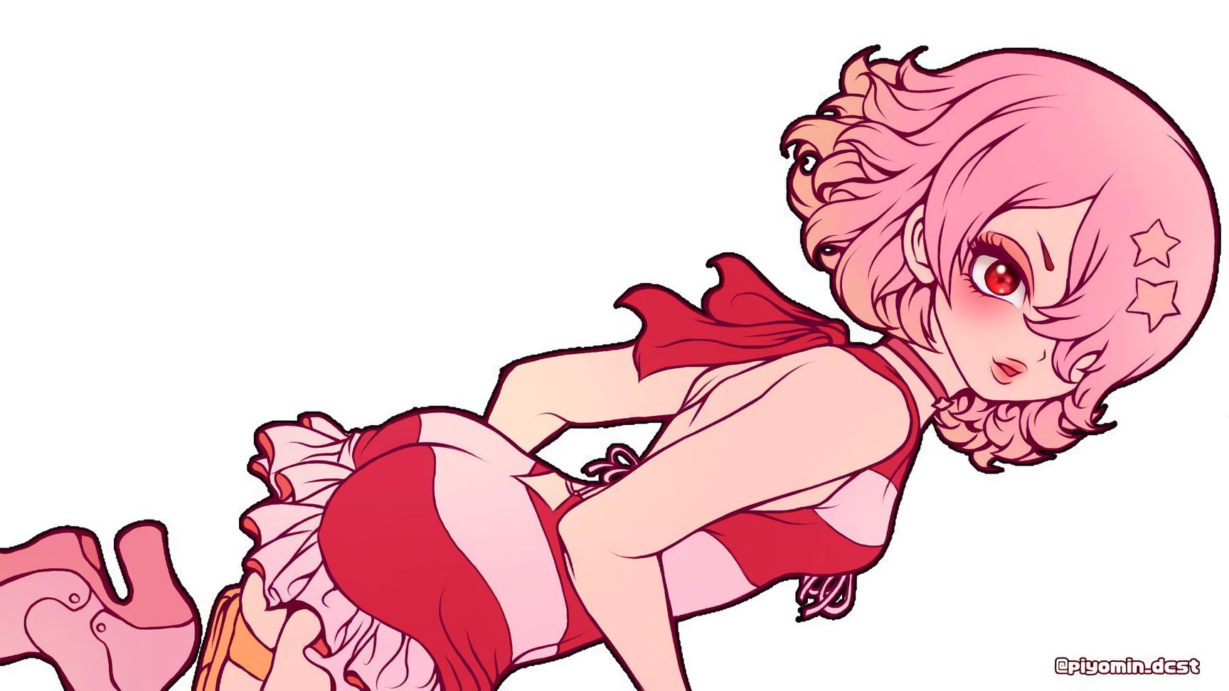 luna wright, dr. stone, highres, non-web source, 1girl, breasts, casual one-piece swimsuit, choker, dress, frilled one-piece swimsuit, frills, gradient hair, hair ornament, hair over one eye, high heels, medium hair, multicolored hair, one-piece swimsuit, one eye covered, pink hair, piyomin, red choker, red eyes, short hair, solo, star (symbol), star hair ornament, striped clothes, striped one-piece swimsuit, swimsuit, thigh strap, transparent background, white background