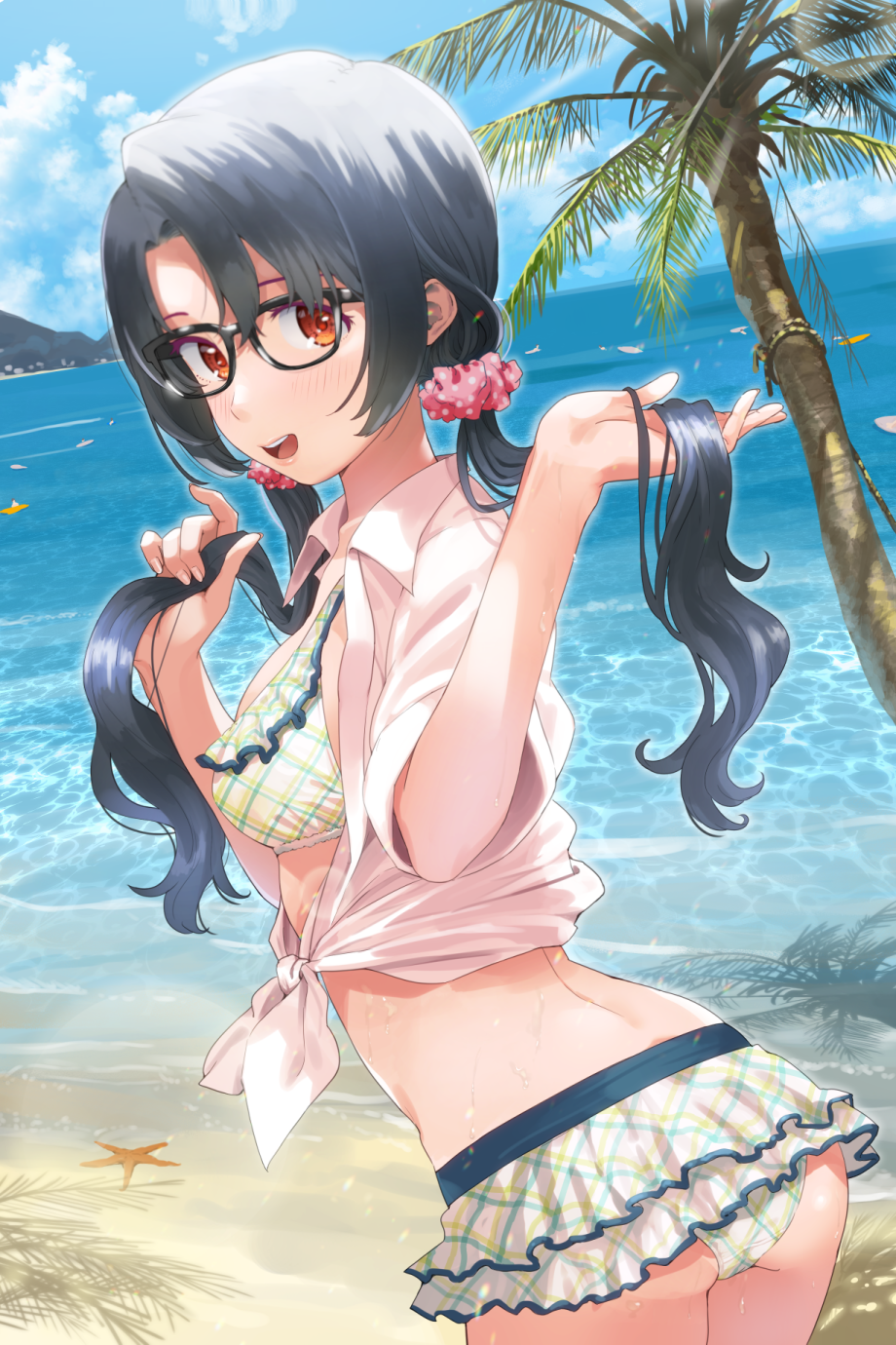 yoropa, takayama sayoko, idolmaster, idolmaster million live!, highres, 1girl, ass, beach, bikini, bikini skirt, black hair, blue sky, breasts, frilled bikini, frills, glasses, holding, holding own hair, long hair, looking at viewer, medium breasts, ocean, orange eyes, outdoors, shirt, sky, smile, solo, summer, sunlight, swimsuit, tied shirt, twintails