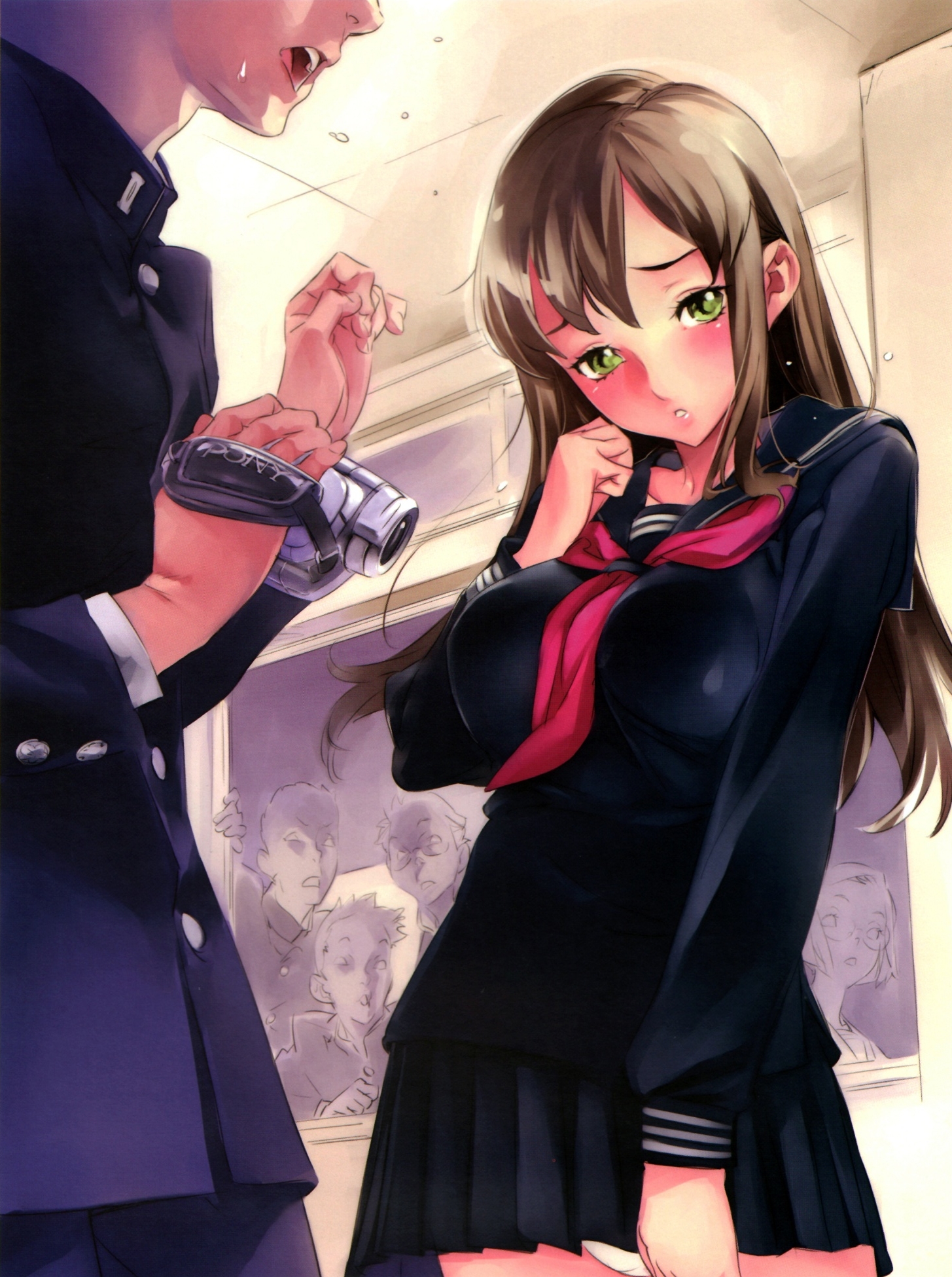 nishieda, original, highres, 1boy, 1girl, blush, brand name imitation, breasts, brown hair, camcorder, camera, classroom, gakuran, green eyes, indoors, large breasts, long hair, panties, pantyshot, pleated skirt, school, school uniform, serafuku, shy, skirt, sweatdrop, underwear, upskirt, video camera, white panties, window