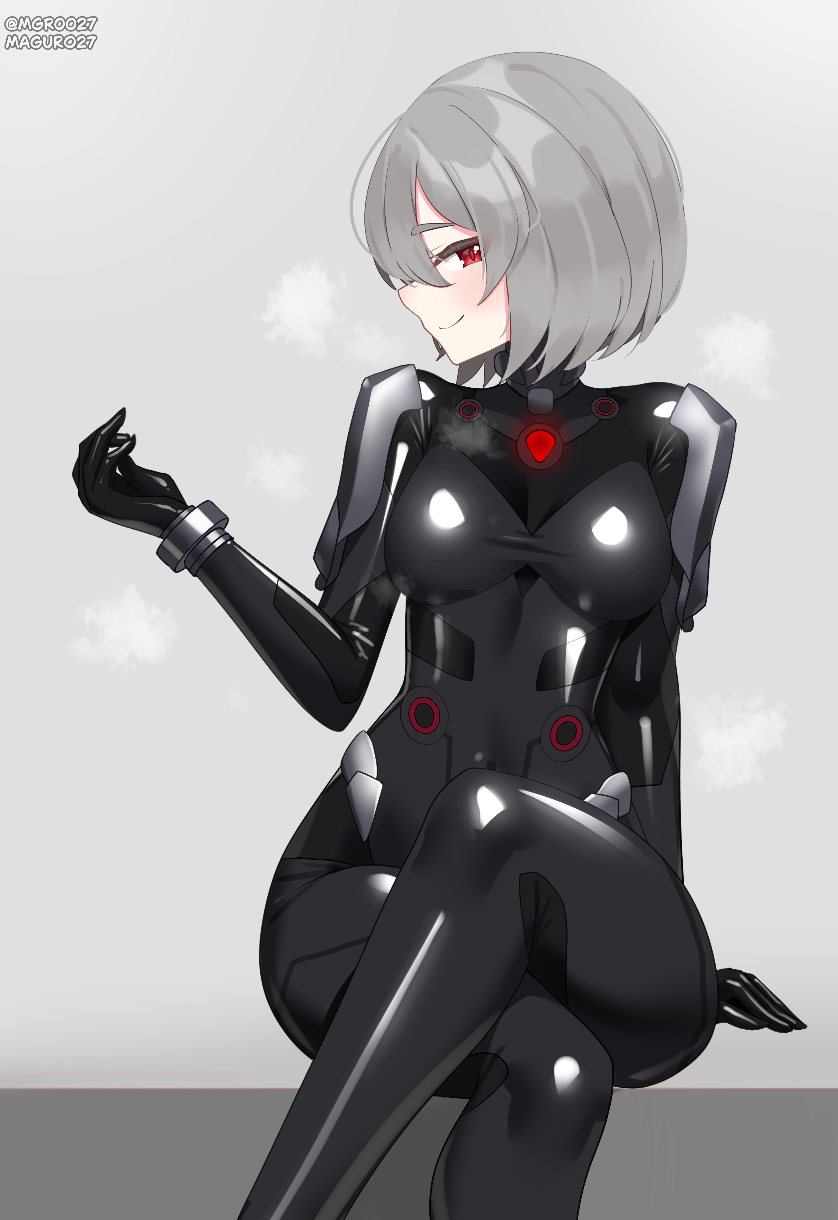 maguro27, original, absurdres, highres, variant set, 1girl, armored bodysuit, black bodysuit, blonde hair, bodysuit, breasts, crossed legs, grey background, latex, latex bodysuit, looking at viewer, mecha pilot suit, medium breasts, red eyes, shiny clothes, short hair, sitting, skin tight, smile, solo