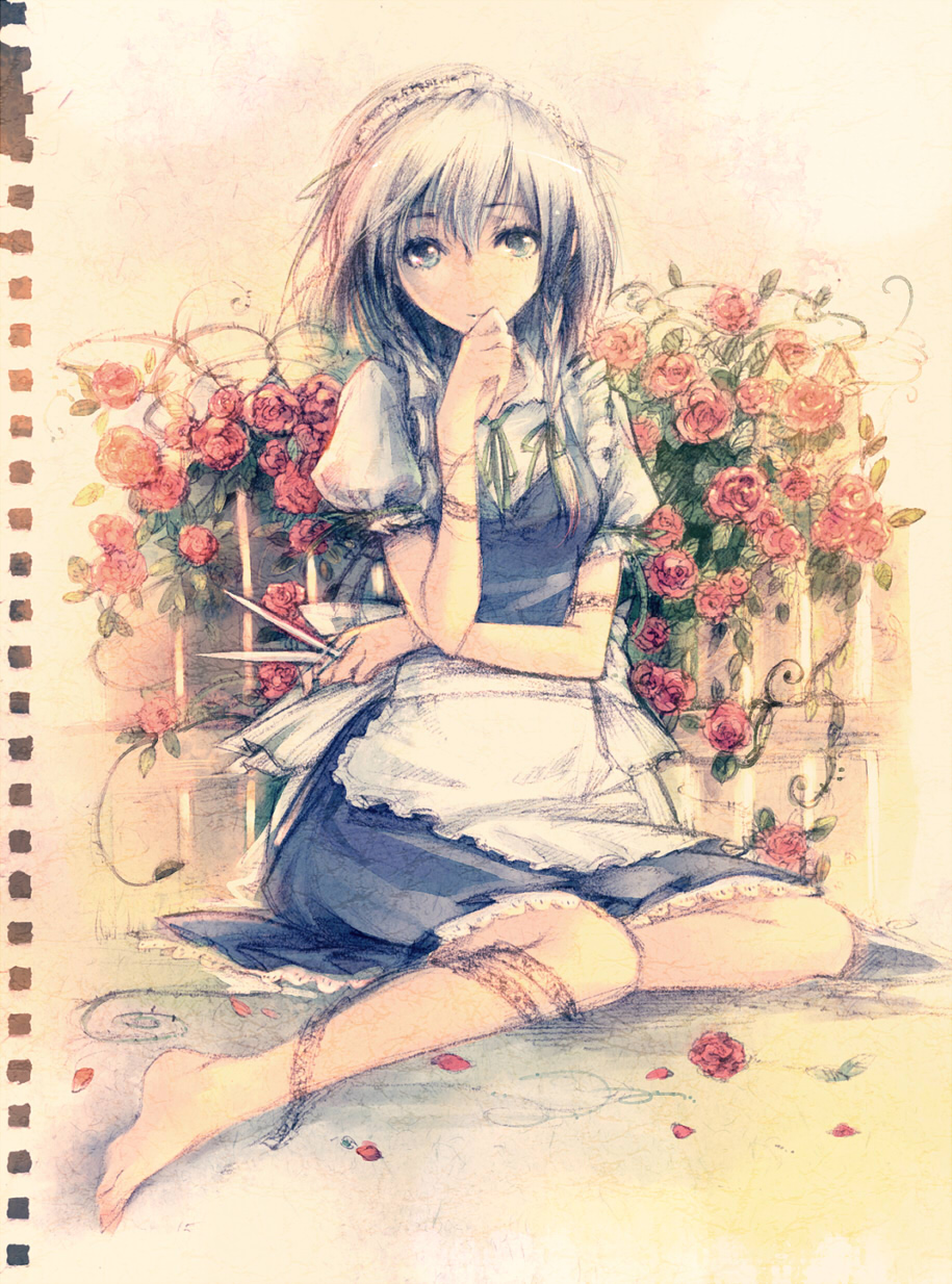kieta, izayoi sakuya, touhou, silver hair, highres, 1girl, barefoot, blue eyes, faux traditional media, feet, female focus, flower, knife, long legs, maid, rose, short hair, sitting, solo, yokozuwari