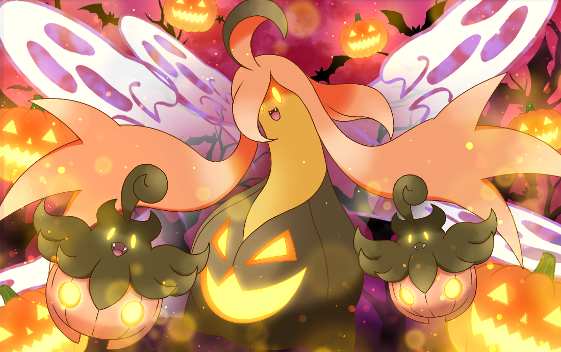 maiko (mimi), gourgeist, pumpkaboo, nintendo, pokemon, commentary request, :d, fangs, gen 6 pokemon, glowing, glowing eyes, halloween, jack-o'-lantern, looking at viewer, open mouth, outdoors, pokemon (creature), smile, tongue, yellow eyes