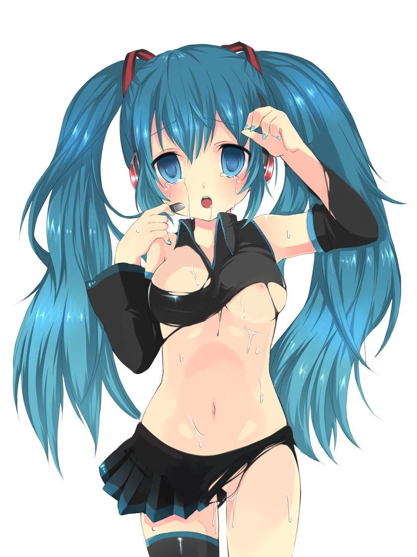 hase neet, hatsune miku, vocaloid, bad id, bad pixiv id, 1girl, blue eyes, blue hair, blue nails, blush, breasts, female focus, large breasts, long hair, matching hair/eyes, midriff, nail polish, nipple slip, nipples, no panties, skirt, solo, sweat, tears, thighhighs, torn clothes, twintails