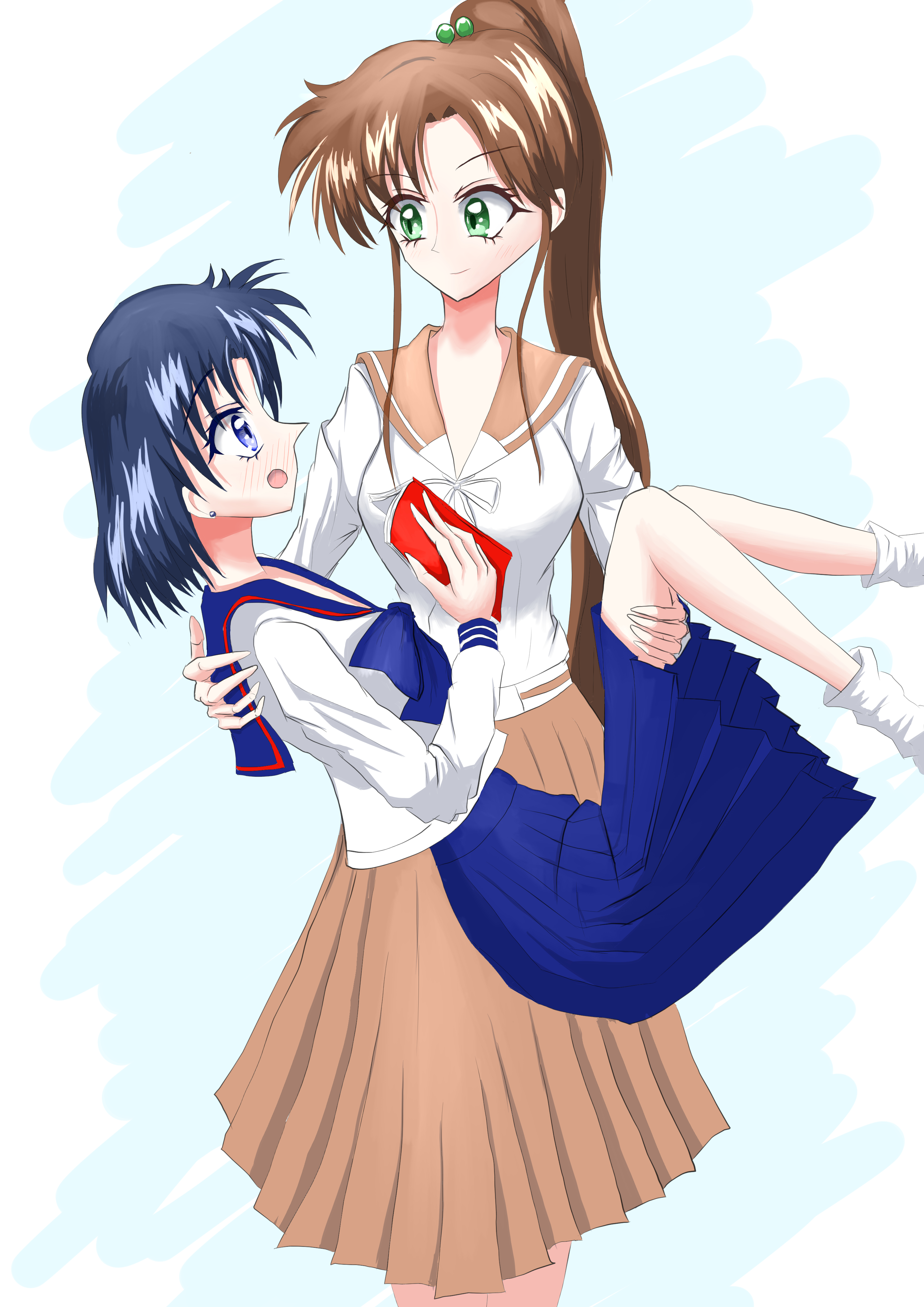 kino makoto, mizuno ami, bishoujo senshi sailor moon, absurdres, highres, 2girls, blue eyes, blue hair, blue skirt, brown hair, carrying, carrying person, green eyes, juuban high school uniform, kino makoto's school uniform, looking at another, multiple girls, pleated skirt, princess carry, school uniform, skirt, socks, white socks