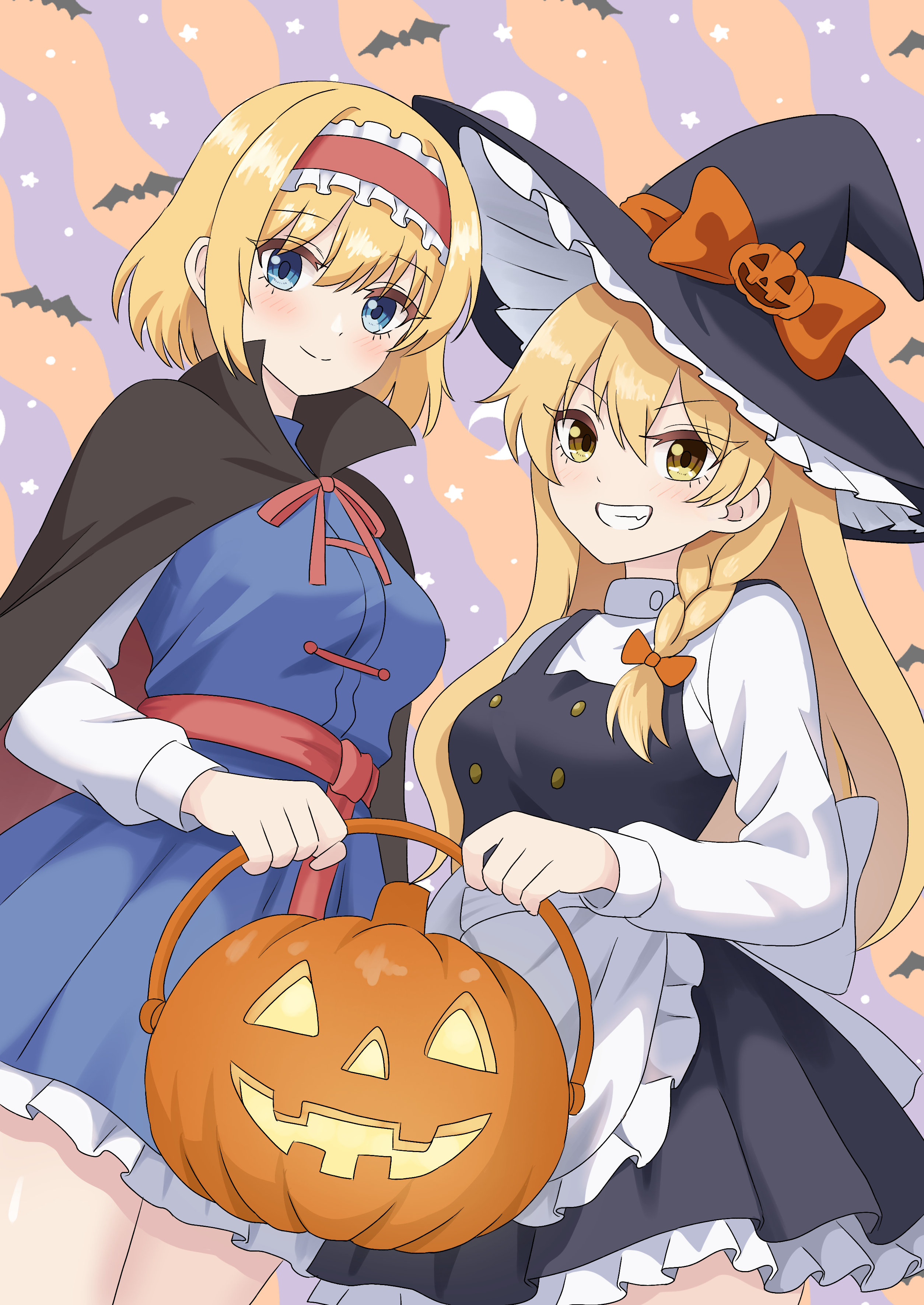 alice margatroid, kirisame marisa, touhou, absurdres, commentary request, highres, 2girls, adapted costume, apron, black cape, black skirt, black vest, blonde hair, blue dress, blue eyes, blush, bow, braid, breasts, cape, dress, frilled hairband, frilled sash, frilled skirt, frills, grin, hair bow, hairband, halloween costume, hat, hat bow, jack-o'-lantern, kiyo (tomoki6107), lolita hairband, long hair, looking at viewer, multiple girls, orange bow, red cape, red hairband, sash, side braid, single braid, skirt, smile, two-sided cape, two-sided fabric, very long hair, vest, waist apron, white apron, witch hat, yellow eyes