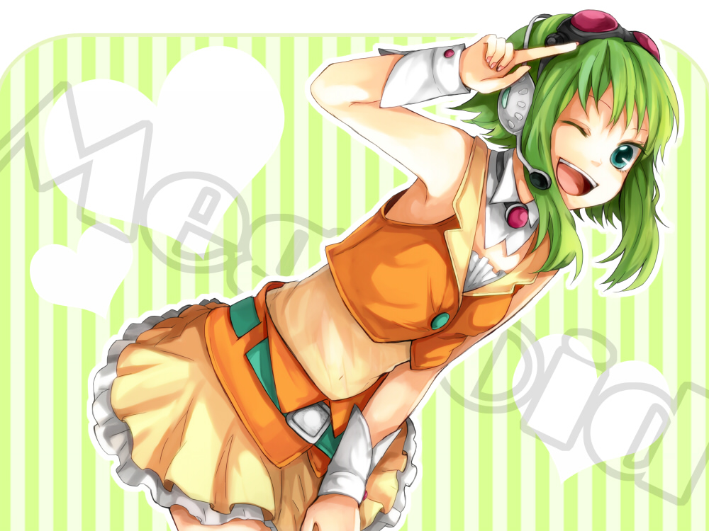 tama (songe), gumi, vocaloid, 1girl, bent over, female focus, goggles, green eyes, green hair, headset, matching hair/eyes, midriff, short hair, skirt, solo, v, wink