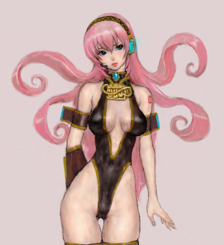 ponsuke (pon00000), megurine luka, takoluka, vocaloid, bad id, bad pixiv id, 1girl, blue eyes, breasts, female focus, highleg, highleg leotard, large breasts, leotard, long hair, pink hair, see-through clothes, solo, thigh gap, thighhighs, thighs, very long hair