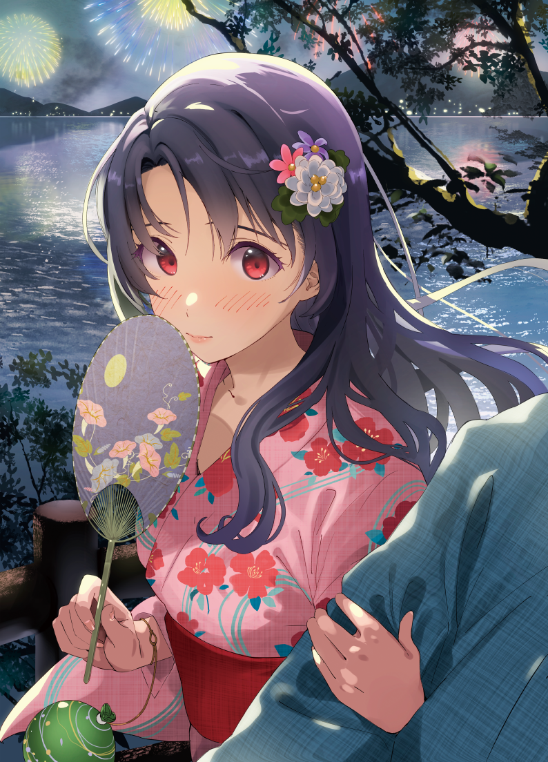 yoropa, takayama sayoko, idolmaster, idolmaster million live!, 1boy, 1girl, arm hug, black hair, blush, fireworks, flower, hair down, hair flower, hair ornament, hand fan, holding, holding fan, japanese clothes, kimono, long hair, nature, night, red eyes, scenery, smile, solo focus, summer festival, water, yukata
