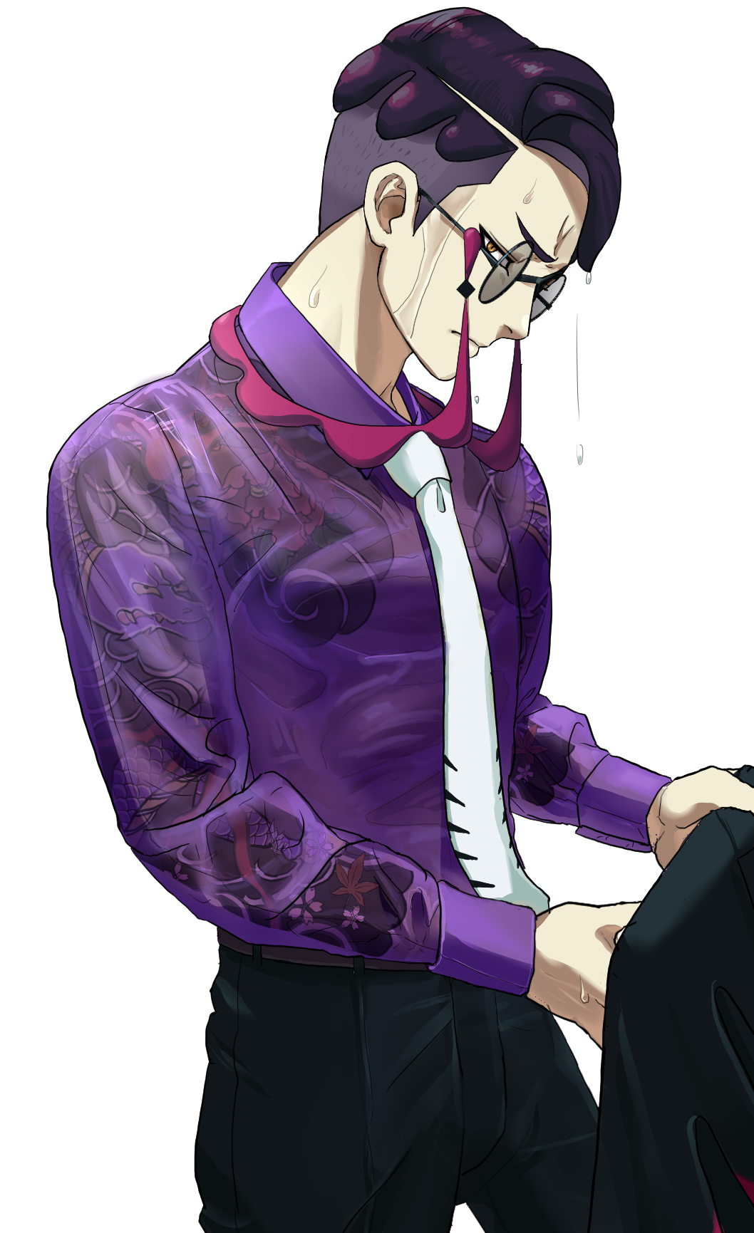 corbeau (pokemon), ekans, nintendo, pokemon, pokemon legends: z-a, commentary request, highres, arm tattoo, belt, black pants, black suit, cherry blossoms, chest tattoo, cloud, collared shirt, eyewear strap, formal clothes, gen 1 pokemon, glasses, holding cloth, irezumi, male focus, matatabi yoshizou, necktie, pants, pokemon (creature), purple hair, purple shirt, round eyewear, scales, see-through clothes, shirt, short hair, slit pupils, snake, suit, tattoo, wet, wet clothes, wet hair, wet shirt, white background, white necktie, yellow eyes