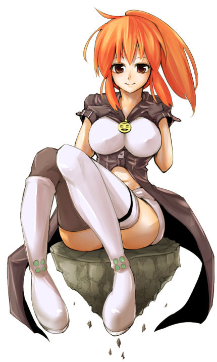 aguhari, tenjuin marie, psyren, bad id, bad pixiv id, boots, breasts, brown eyes, gloves, large breasts, orange hair, ponytail, sitting, smile, thigh boots, thighhighs