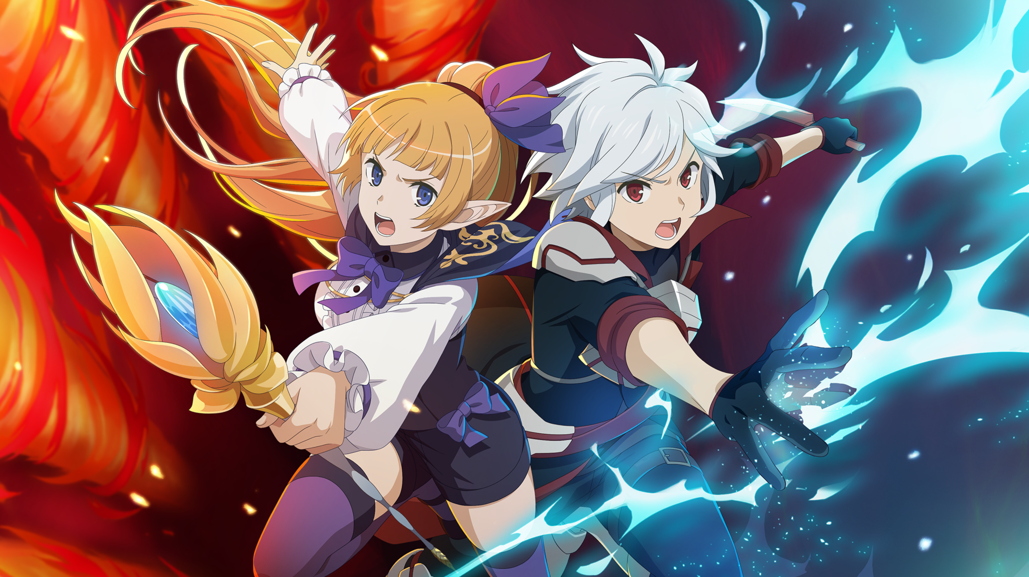 bell cranel, lefiya viridis, danmachi battle chronicle, dungeon ni deai wo motomeru no wa machigatteiru darou ka, game cg, highres, non-web source, official art, 1boy, 1girl, anime coloring, armor, armored boots, belt, black capelet, black gloves, black pants, black shirt, black shorts, blue bow, blue eyes, blue ribbon, blue thighhighs, blunt bangs, boots, bow, breastplate, breasts, brown belt, capelet, center frills, elf, faulds, fire, frilled shirt, frills, gloves, hair ribbon, high ponytail, holding, holding knife, holding staff, knife, long hair, looking at viewer, mage staff, magic, medium breasts, official alternate costume, open mouth, orange hair, pants, pauldrons, pointy ears, ponytail, reaching, red eyes, reverse grip, ribbon, school uniform, serafuku, shirt, short hair, shorts, shoulder armor, staff, standing, standing on one leg, thigh belt, thigh strap, thighhighs, white hair, white shirt