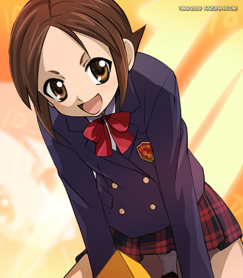 haruyama kazunori, original, 1girl, blazer, bow, brown eyes, brown hair, female focus, jacket, panties, plaid clothes, plaid skirt, school uniform, skirt, solo, underwear