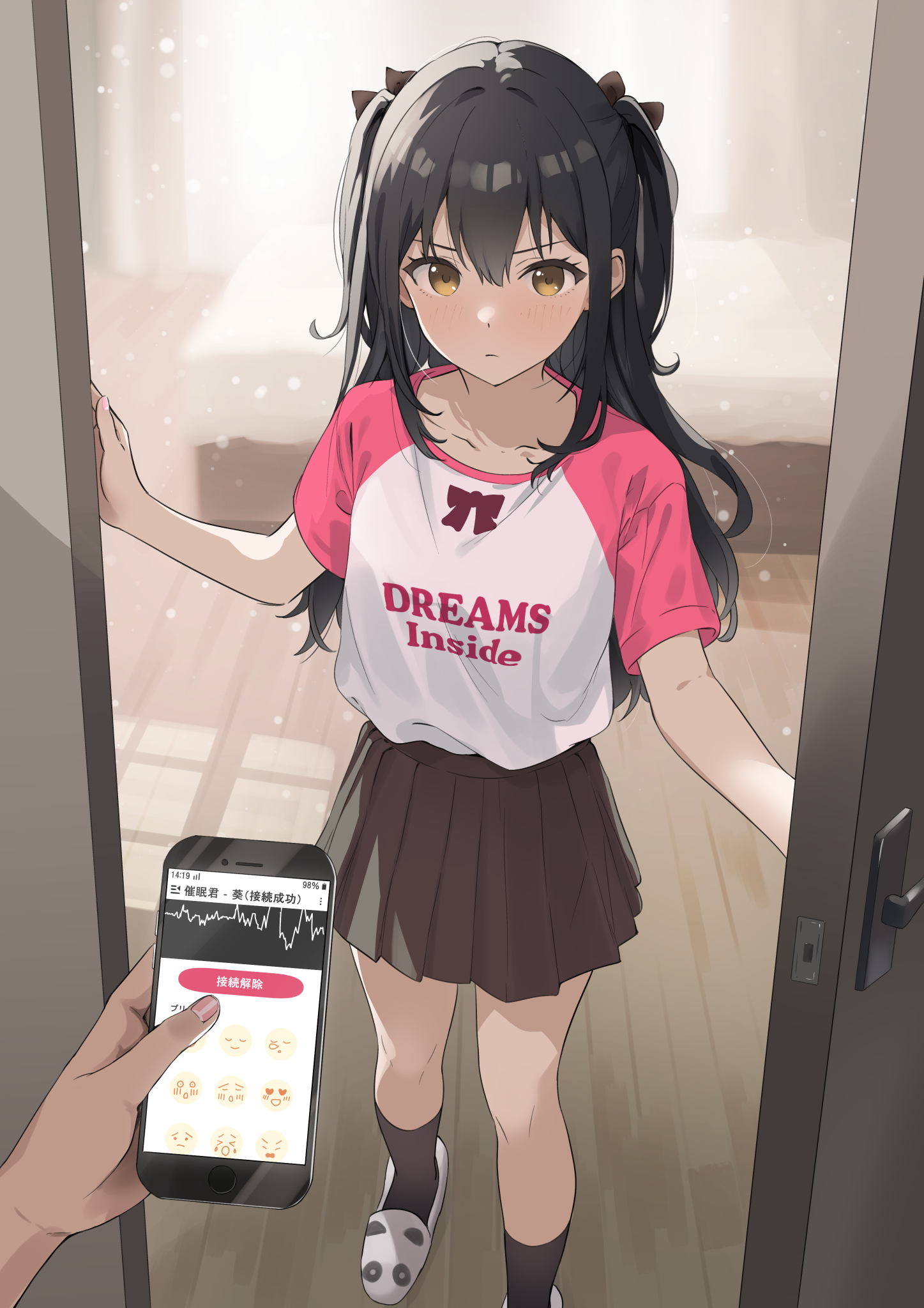 yoropa, original, highres, 1boy, 1girl, bed, bed sheet, black skirt, black socks, blurry, blush, brown eyes, brown hair, brown skirt, cellphone, collarbone, depth of field, doorway, dot nose, double-parted bangs, dutch angle, emoji, holding, holding phone, hypnosis, hypnosis app, indoors, kneehighs, long hair, mind control, miniskirt, opening door, phone, pleated skirt, pov, pov doorway, pov hands, print shirt, purple slippers, shirt, shirt tucked in, short sleeves, skirt, slippers, smartphone, socks, solo focus, standing, t-shirt, thighs, two side up, viewer holding phone, wooden floor