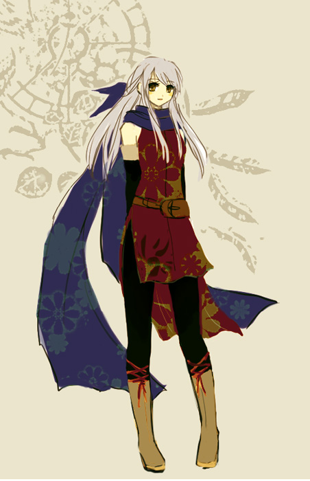 micaiah (fire emblem), fire emblem, fire emblem: radiant dawn, nintendo, silver hair, 1girl, bare shoulders, black gloves, black pantyhose, blue scarf, boots, dress, elbow gloves, female focus, gloves, half updo, long hair, pantyhose, ribbon, scarf, side slit, sleeveless, sleeveless dress, solo, yellow eyes