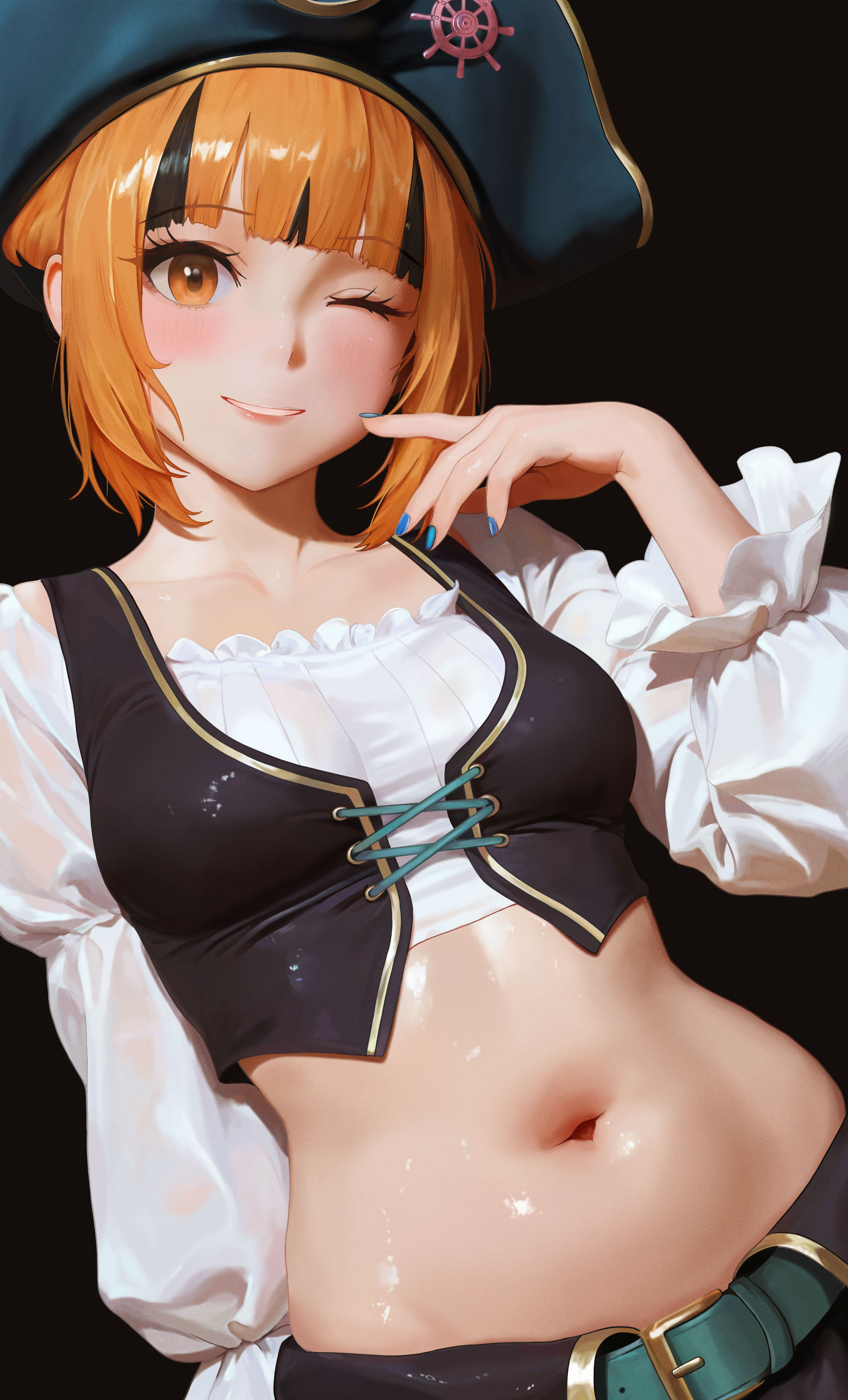 kingamadeus0, gardenia (pokemon), gardenia (summer 2024) (pokemon), nintendo, pokemon, pokemon masters ex, absurdres, commentary, highres, 1girl, belt, black background, black vest, blue nails, cropped shirt, cropped vest, eyelashes, frilled shirt, frills, green belt, grin, hand up, hat, nail polish, navel, official alternate costume, one eye closed, orange eyes, orange hair, pirate hat, ship's wheel ornament, shirt, short hair, simple background, smile, solo, stomach, teeth, vest, wet, wet clothes, wet shirt, white shirt