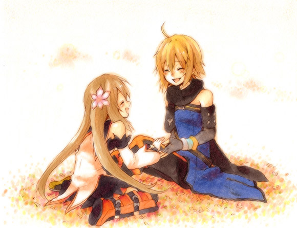 emil castagnier, marta lualdi, tales of (series), tales of symphonia, tales of symphonia: dawn of the new world, 00s, 1boy, 1girl, blonde hair, boots, brown hair, couple, flower, gloves, hair ornament, hetero, knee boots, scarf, smile